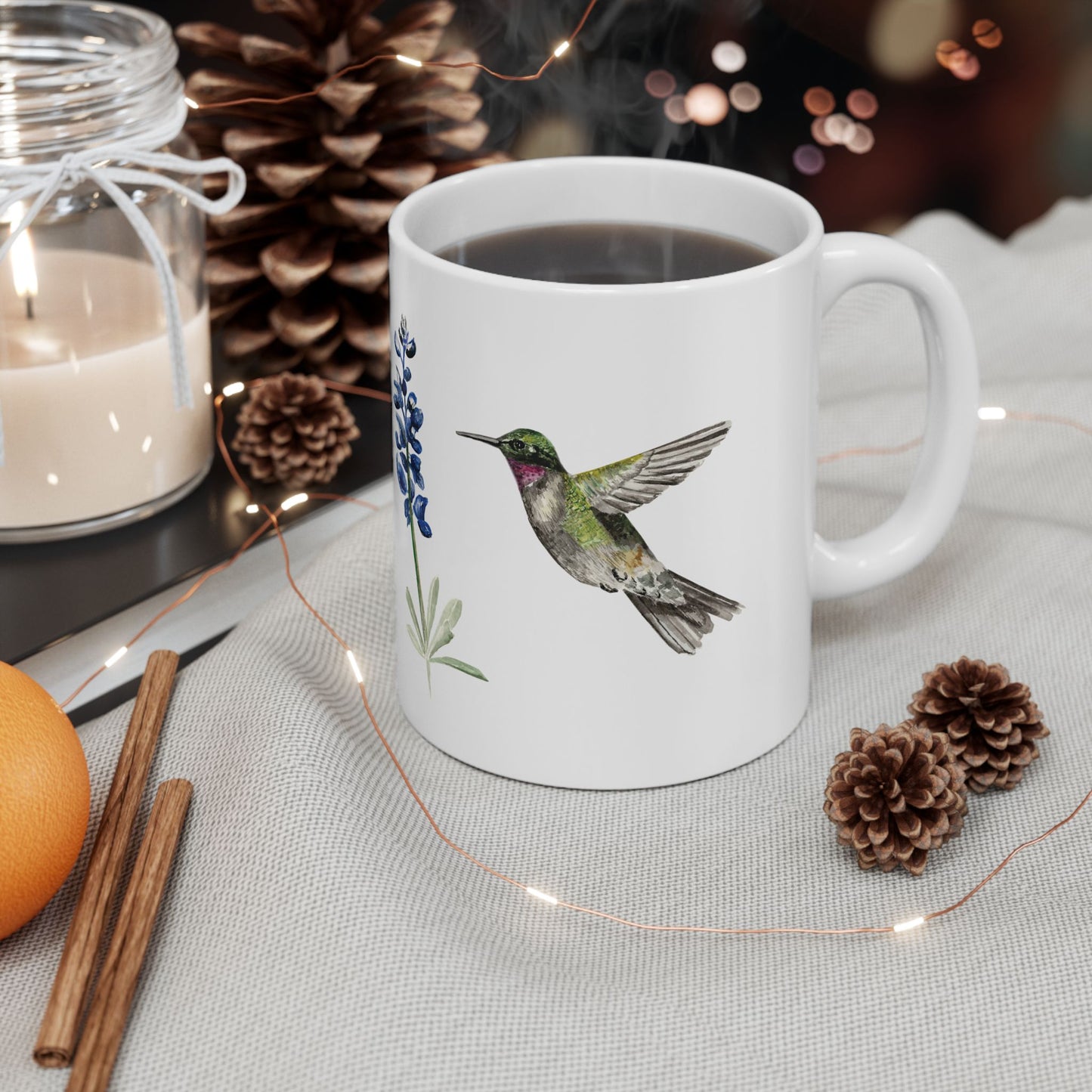 Hummingbird & Bluebonnet Ceramic Mug — Floral Bird Coffee Tea Cup (11oz, 15oz)