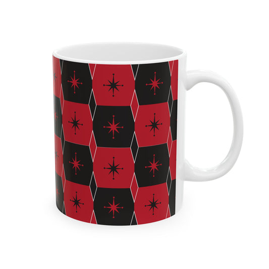 Red & Black Geometric Star Ceramic Mug — Hexagon Pattern Coffee Cup (11oz/15oz)