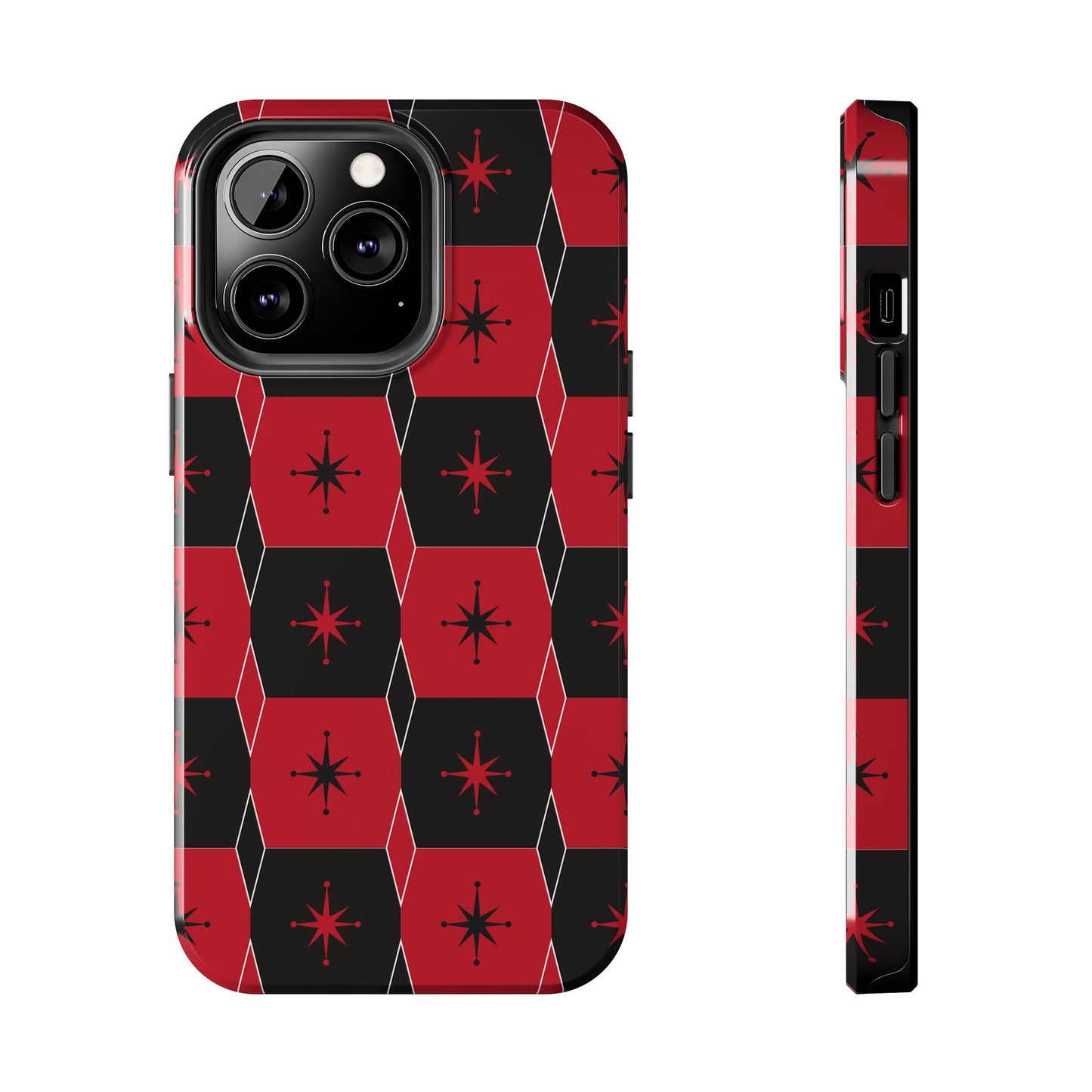 Square and Diamond Pattern in Red and Black Tough iPhone Case