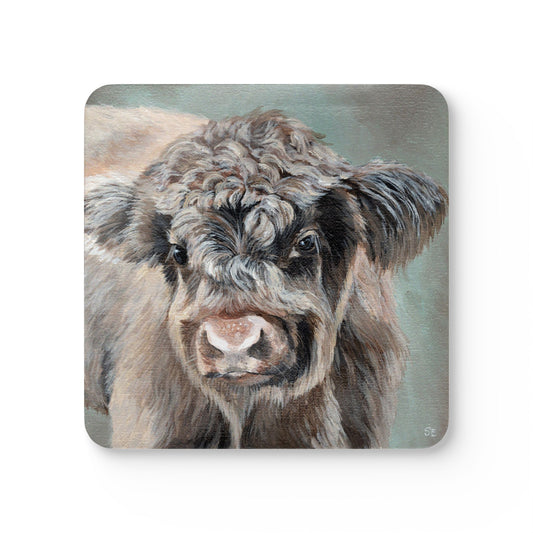 Highland Cow Cork Coaster Set — Hand-Painted Calf Drink Coasters (4-Pack)