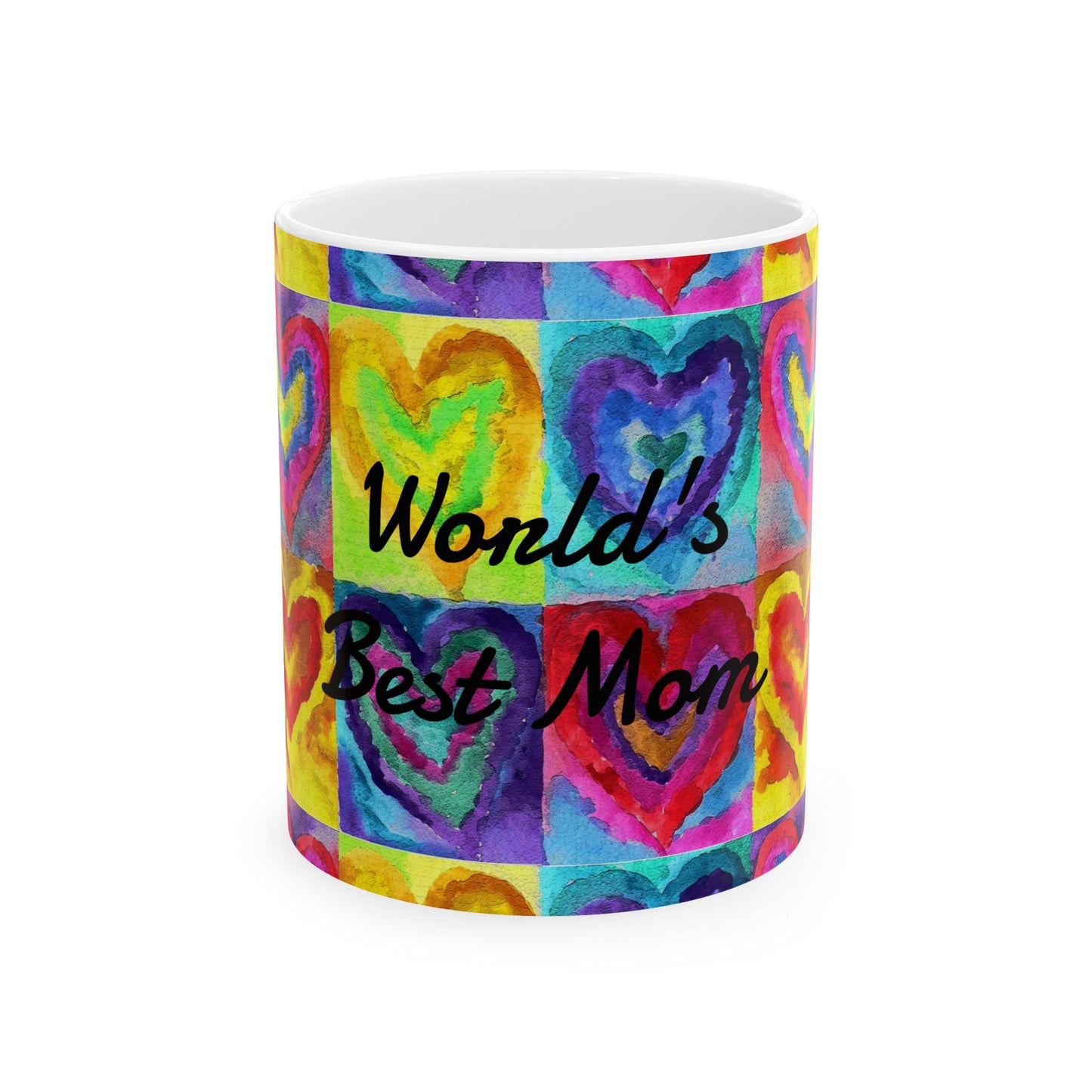 World's Best Mom Ceramic Mug — Colorful Watercolor Hearts, Mother's Day Gift (11oz & 15oz)