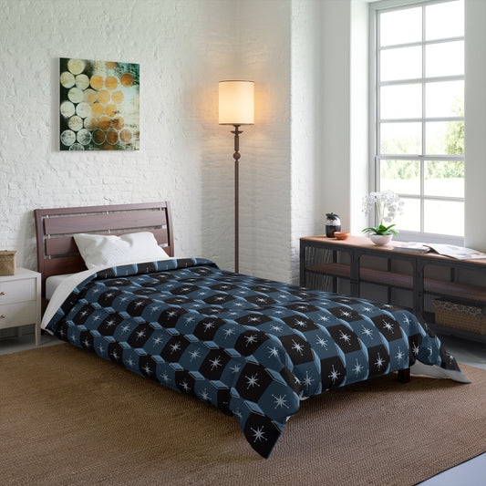 Starburst Checker Comforter — Blue Geometric Cozy Bedspread