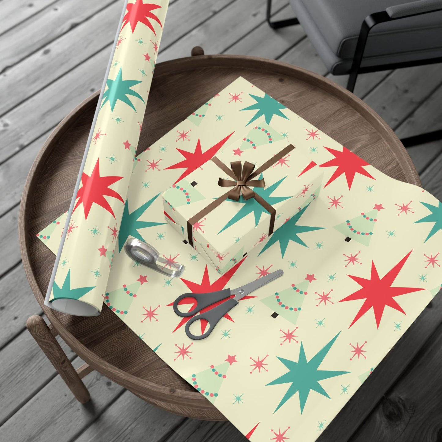 Retro Mid-Century Christmas Gift Wrap Paper – Starburst & Tree Pattern