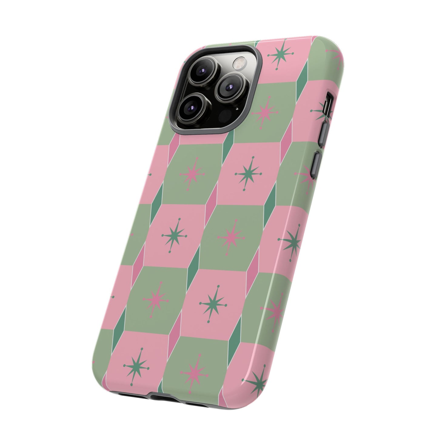 1950s Retro Square and Diamond Pattern in Pink and Green Tough Cases