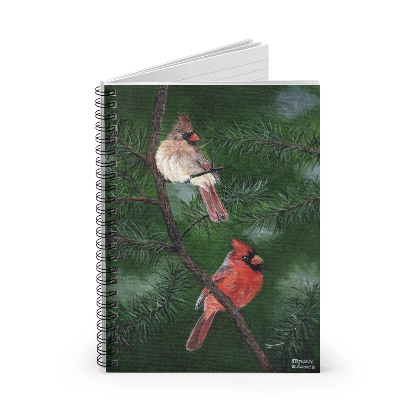 Cardinal Pair Spiral Notebook — Ruled Lined Journal with Pine Tree Art