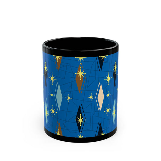 Retro Mid-Century Starburst Pattern Black Coffee Mug — Blue Geometric 11oz/15oz