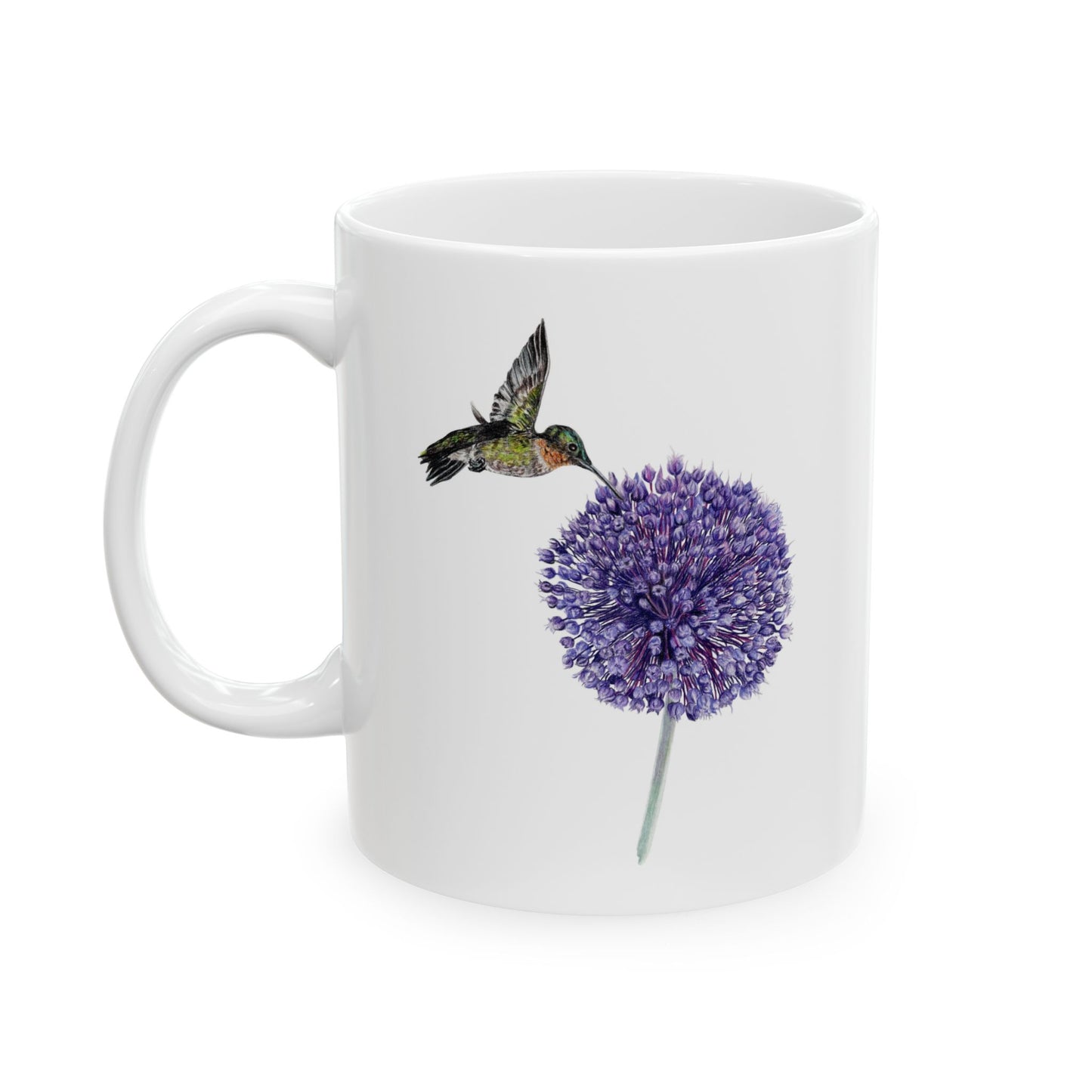 Hummingbird and Yorktown Onion Ceramic Mug — Purple Allium Floral & Hummingbird Coffee Cup (11oz & 15oz)