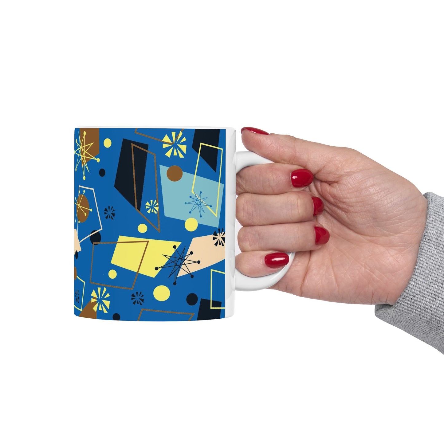 Retro Atomic Blue Ceramic Mug – Mid-Century Modern Geometric Coffee Cup (11oz/15oz)