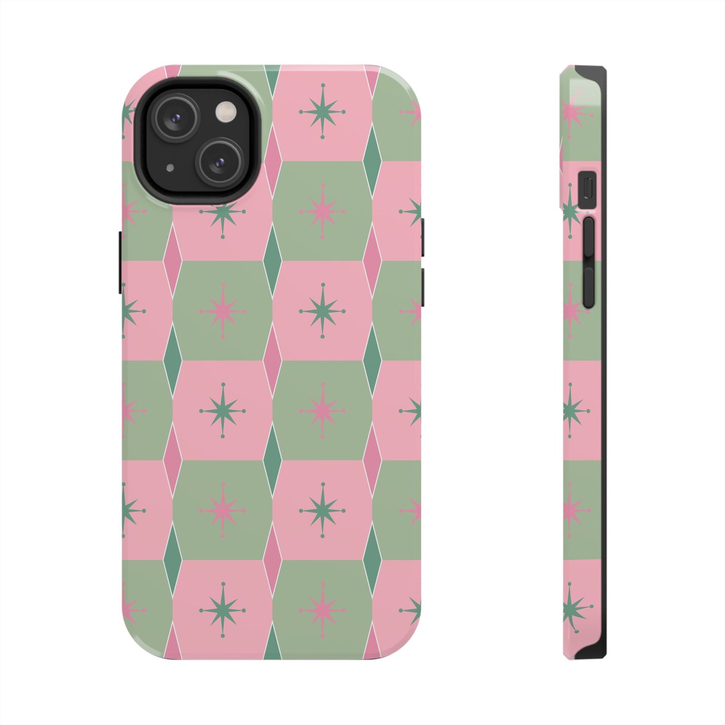 1950s Retro Square and Diamond Pattern in Pink and Green Tough iPhone Cases