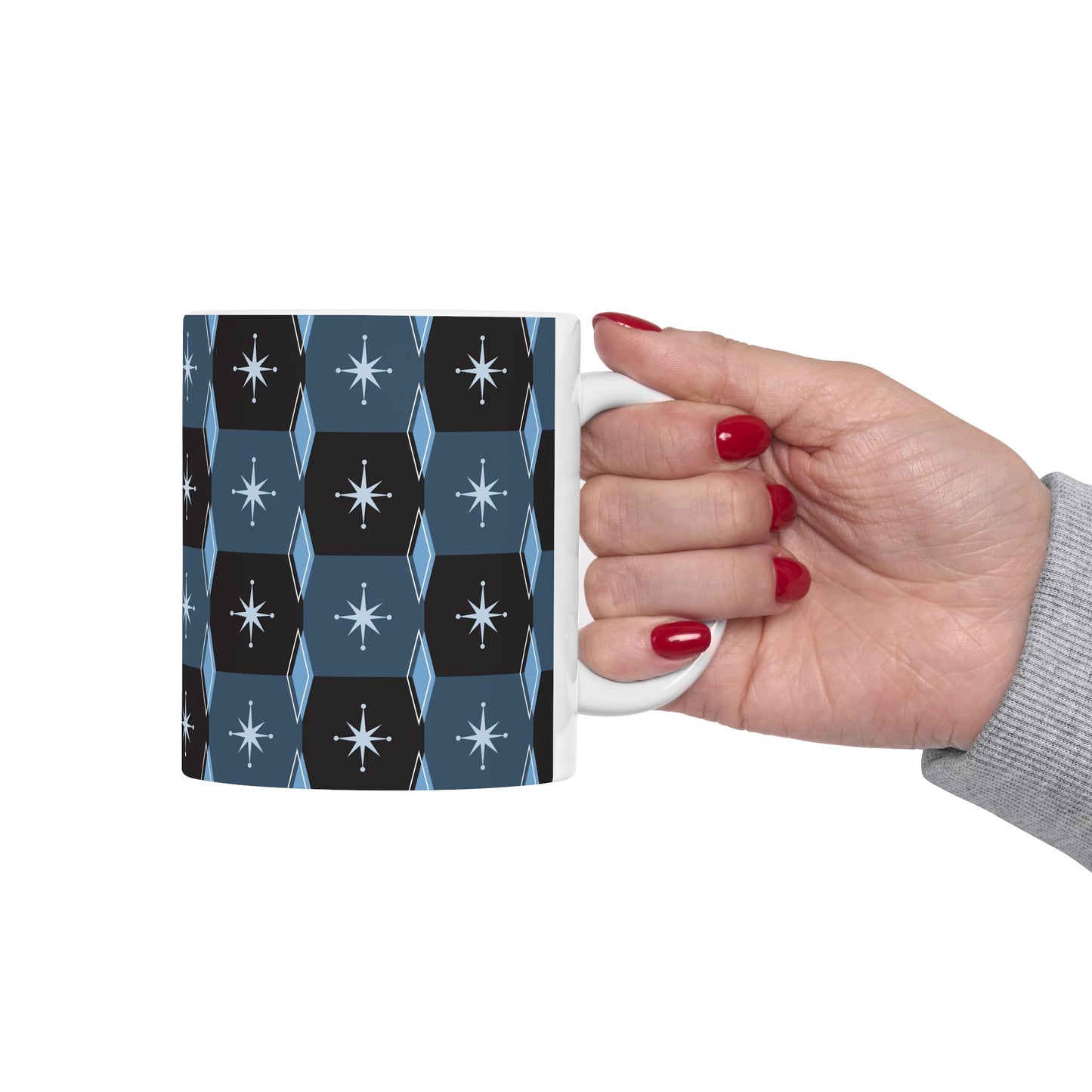 Retro Starburst Pattern Ceramic Mug — Mid-Century Modern Blue Coffee Cup (11oz, 15oz)