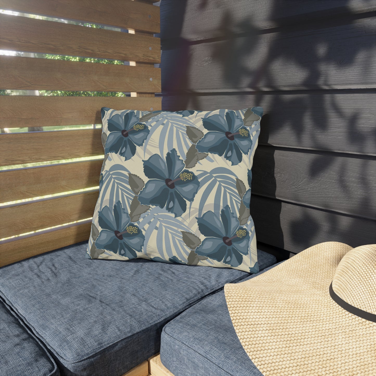 Blue Hibiscus in Earthtones Outdoor Pillows