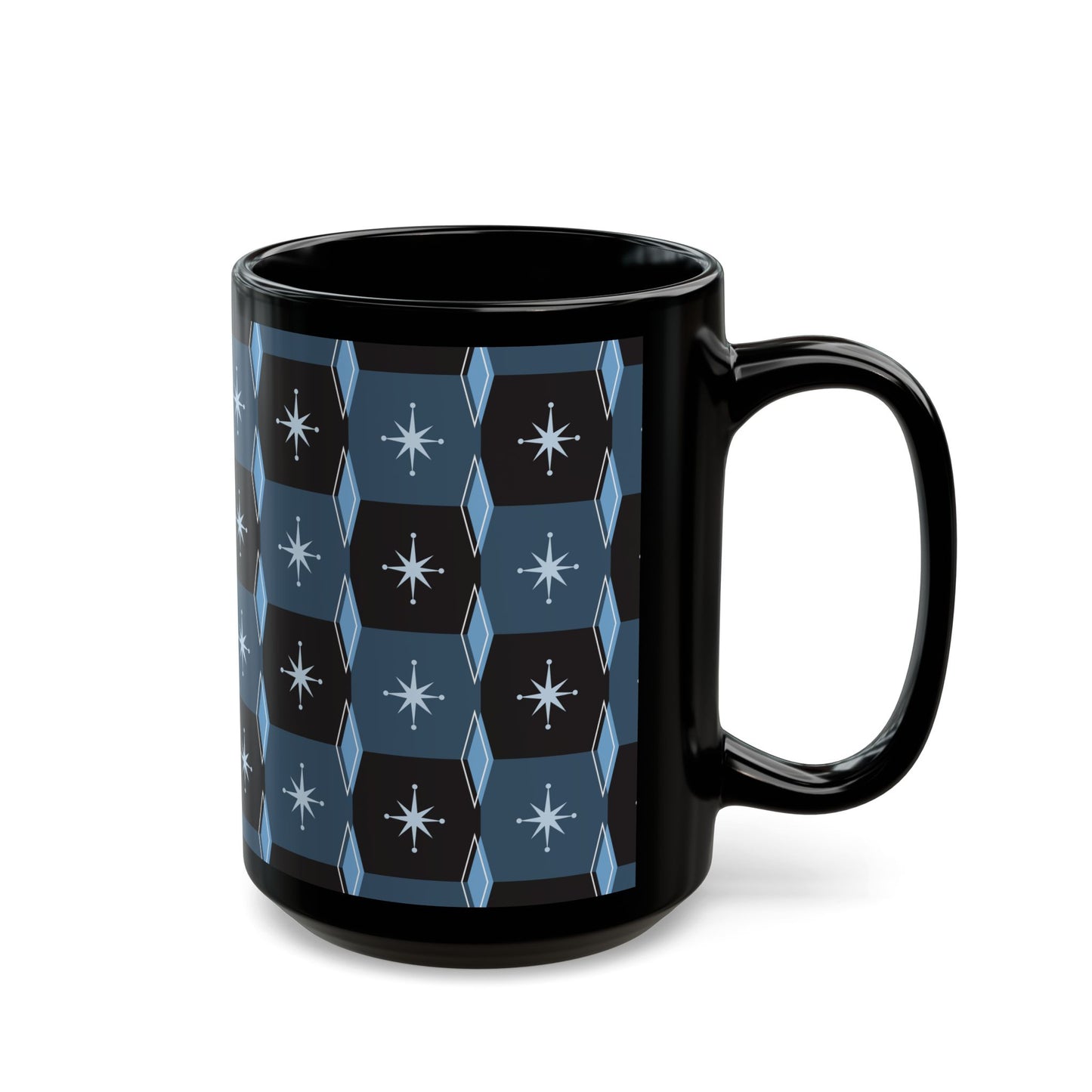Retro Starburst Pattern Black Coffee Mug — Mid-Century Geometric 11oz/15oz