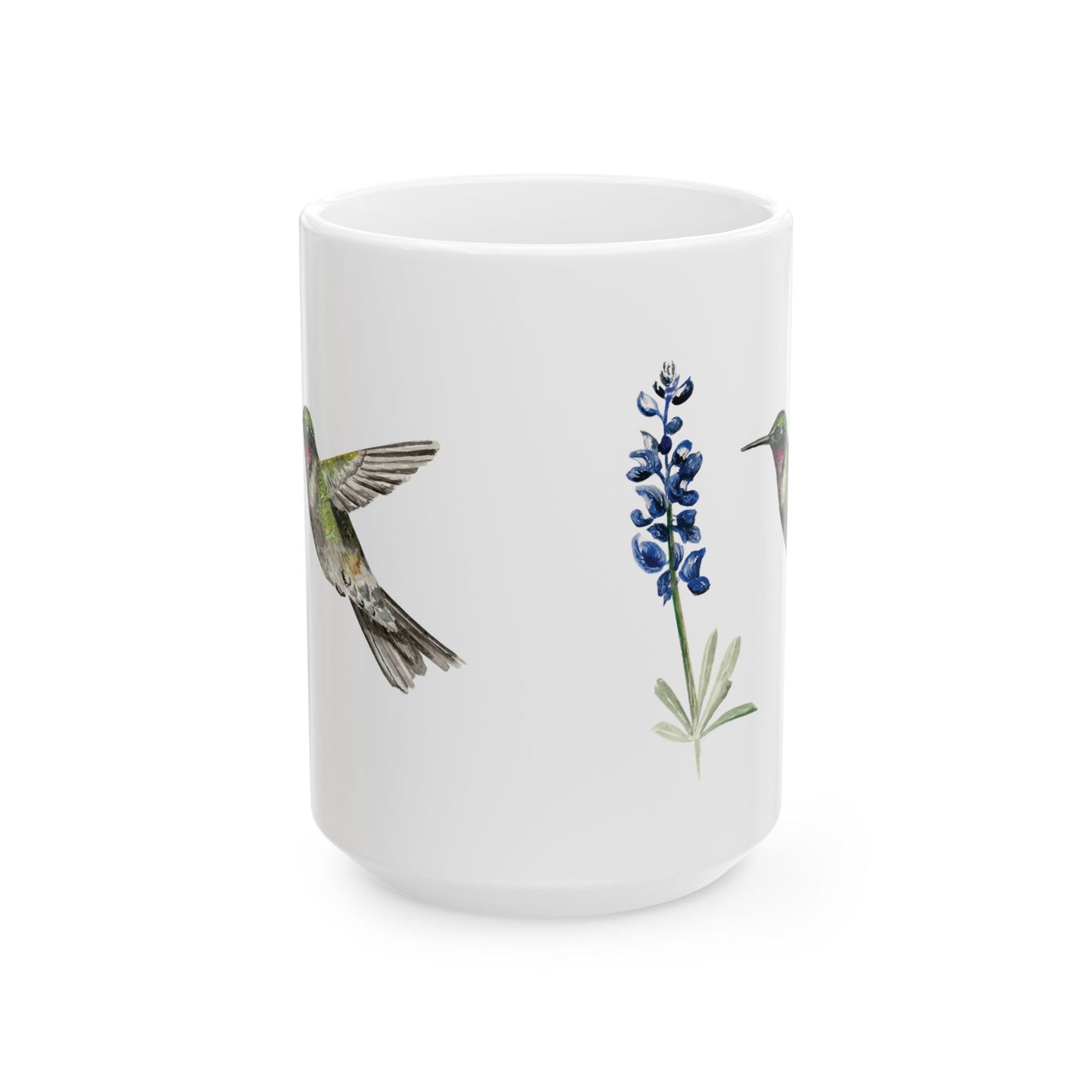 Hummingbird & Bluebonnet Ceramic Mug — Floral Bird Coffee Tea Cup (11oz, 15oz)