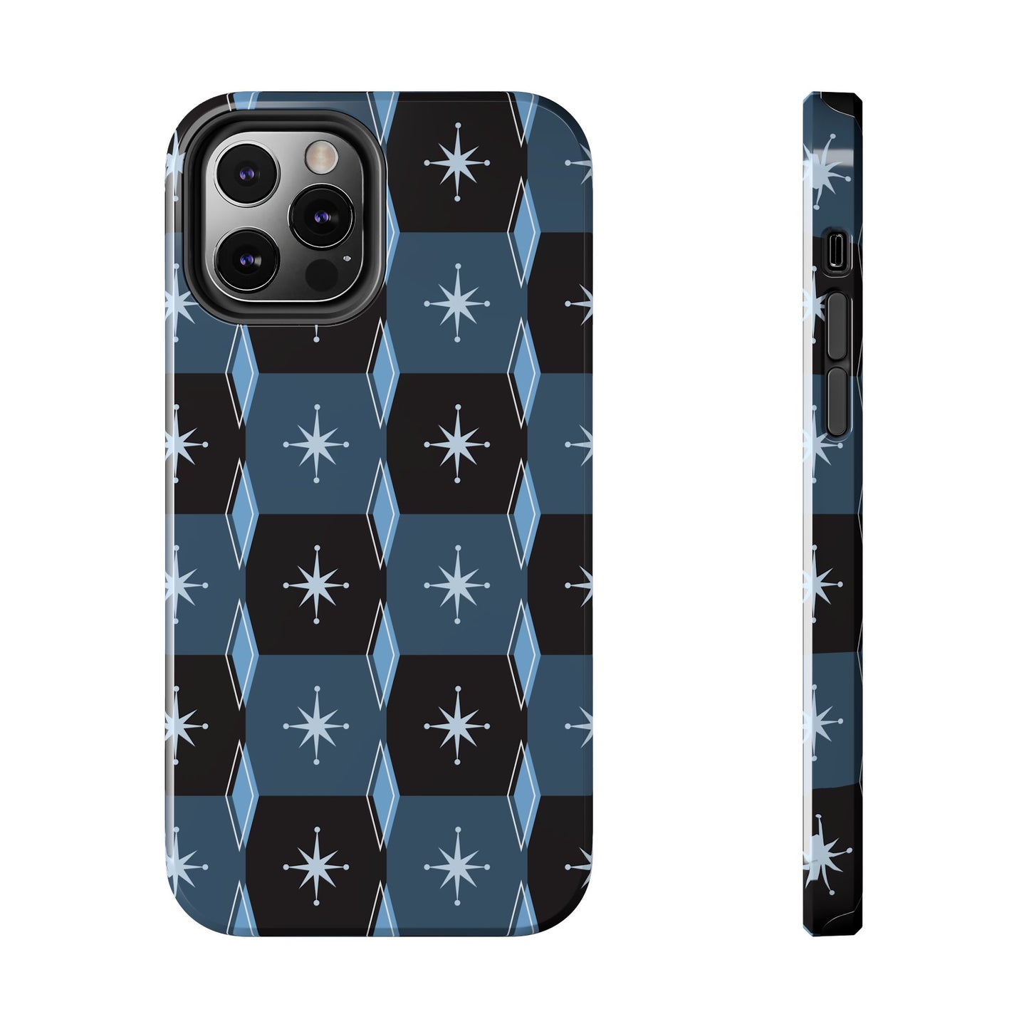 Blue and Black Diamond and Square Pattern Tough iPhone Cases