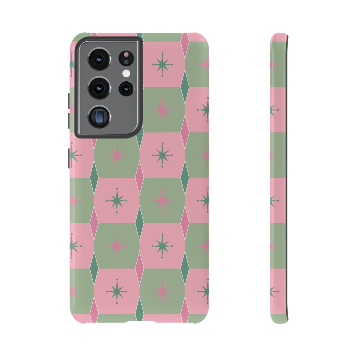 1950s Retro Square and Diamond Pattern in Pink and Green Tough Cases