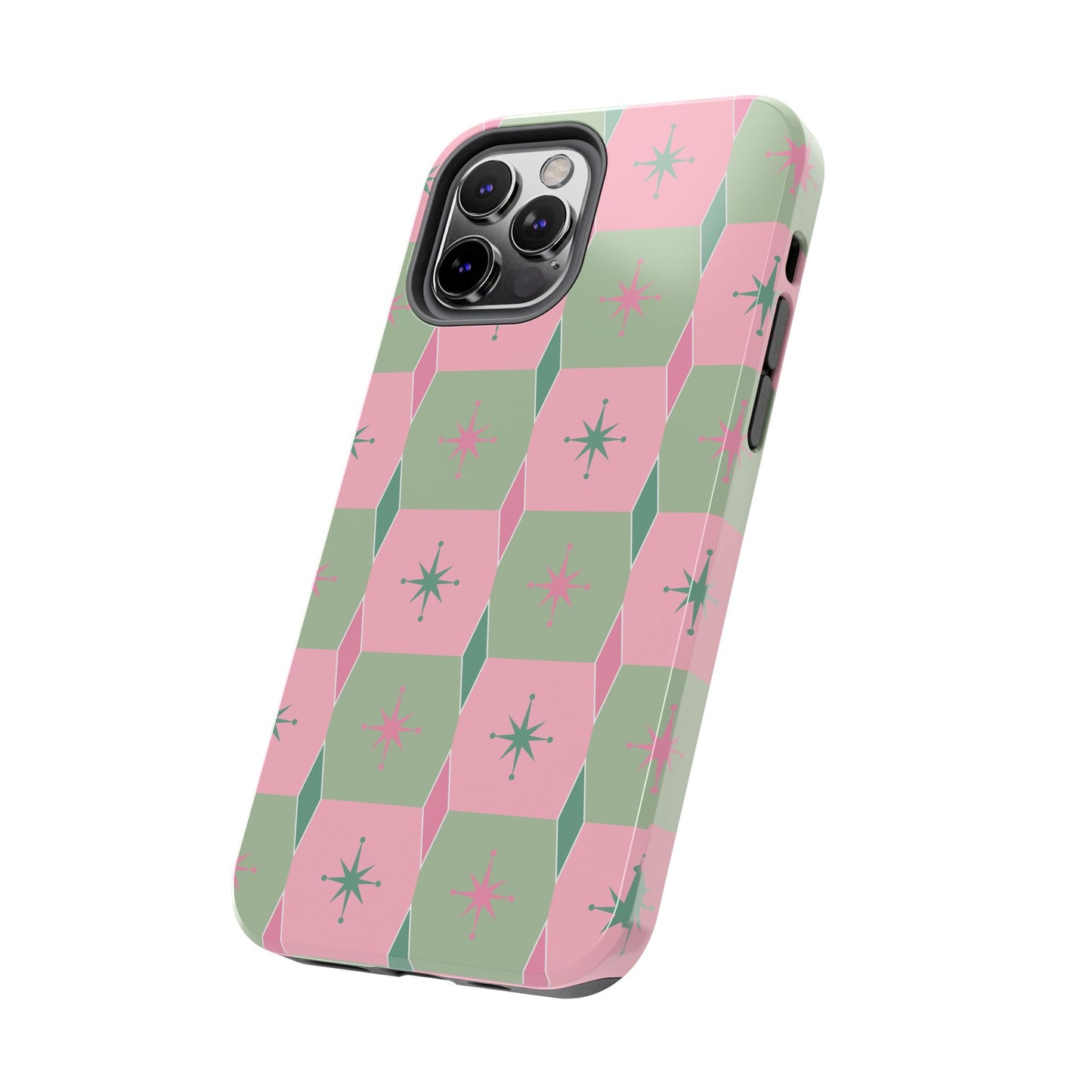 1950s Retro Square and Diamond Pattern in Pink and Green Tough iPhone Cases