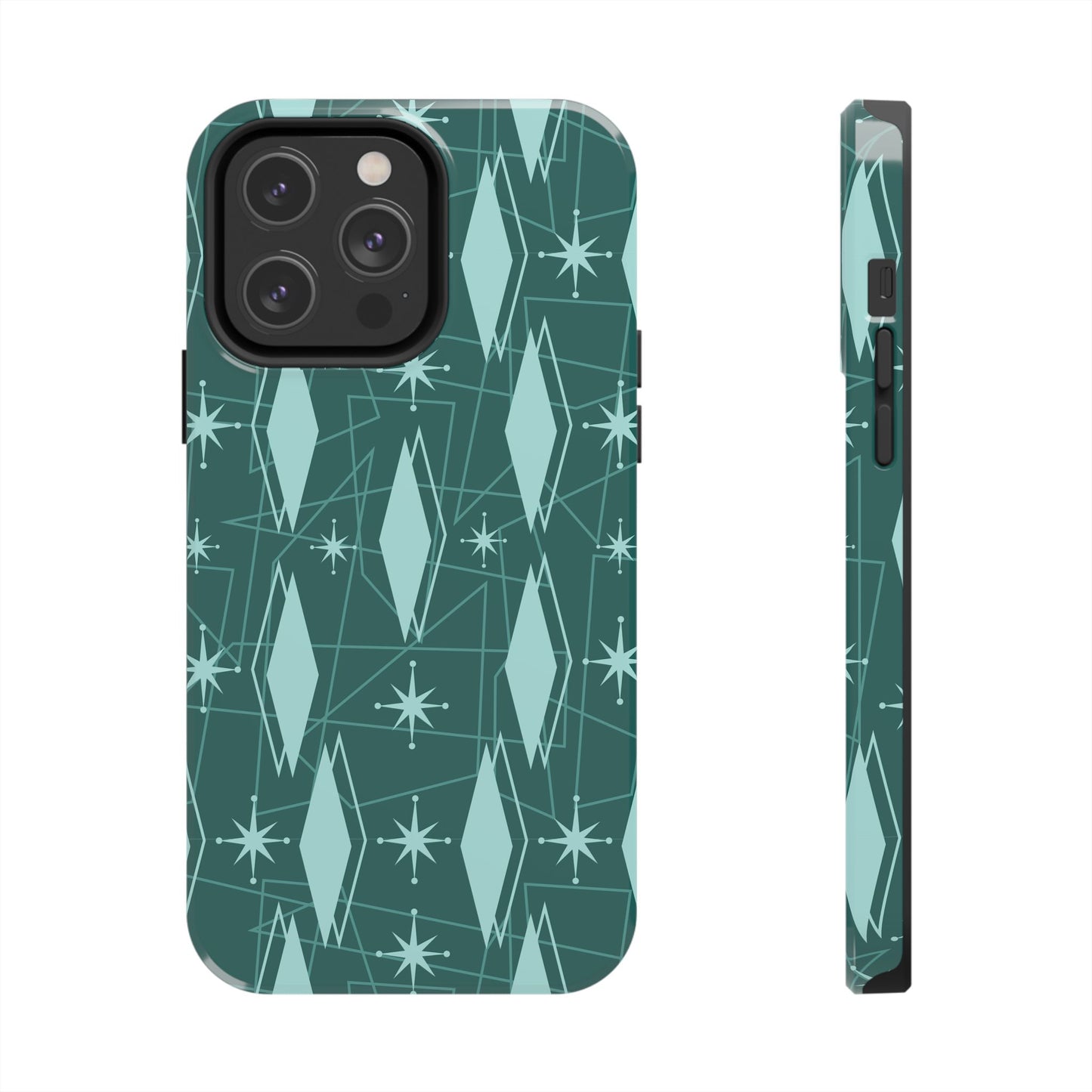 1950s Retro Star and Diamond Pattern in Green Tough iPhone Cases