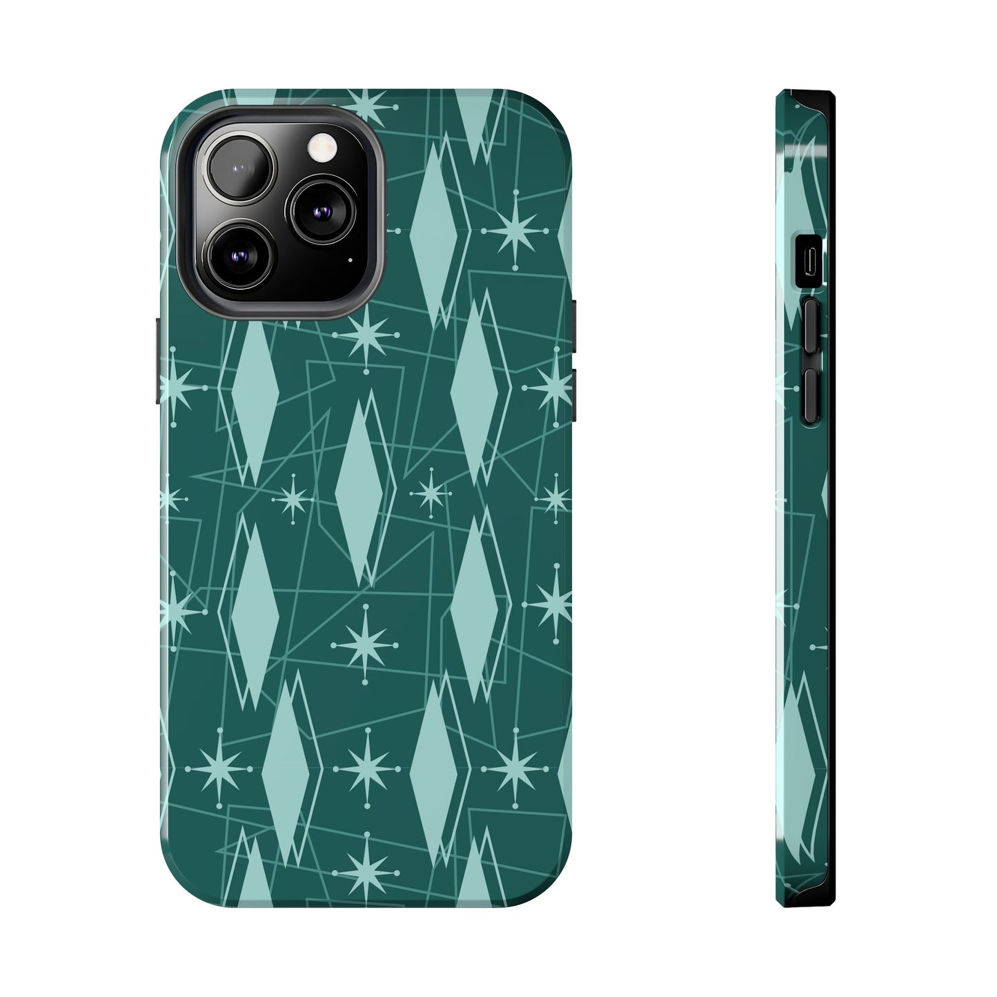 1950s Retro Star and Diamond Pattern in Green Tough iPhone Cases