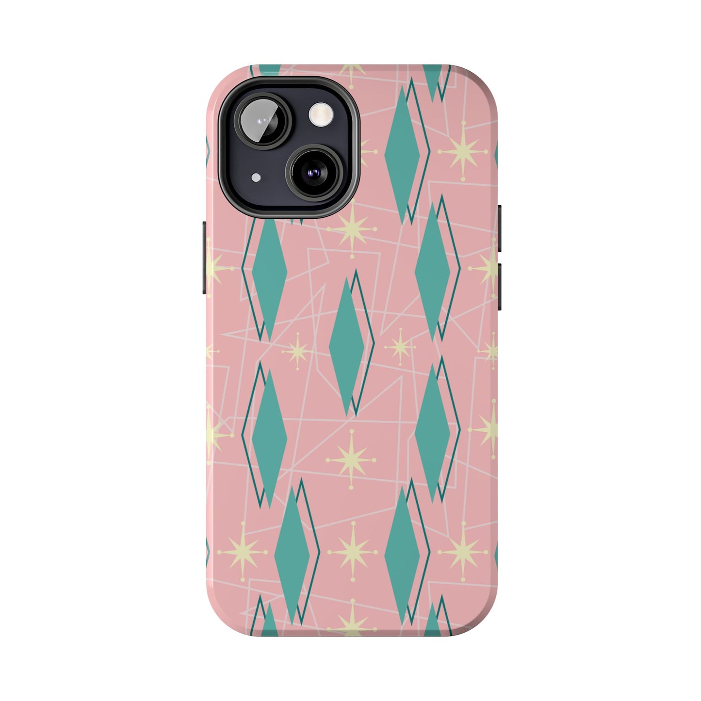 1950s Retro Star and Diamond Pattern in Pink and Green Tough iPhone Case