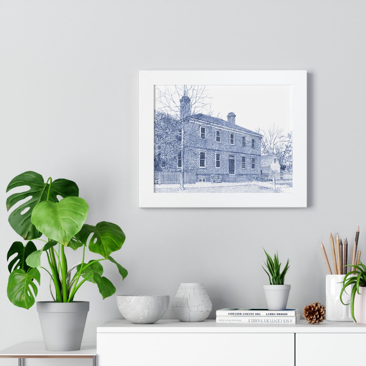 Colonial Williamsburg's Wythe House in Blue Framed Horizontal Poster — Vintage Blue Architectural Print of Historic House