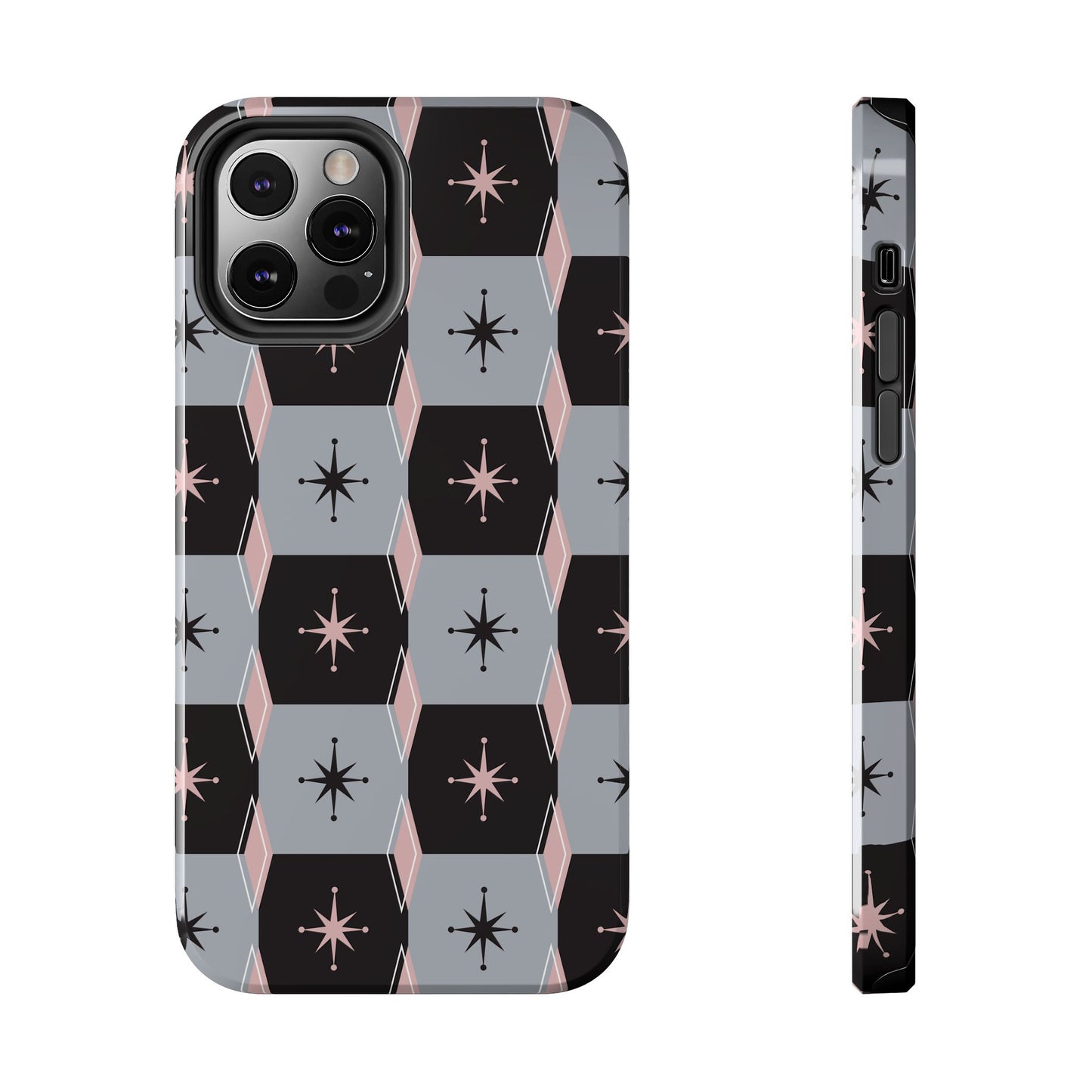 Diamond and Square Pattern in Pink, Black and Gray Tough iPhone Cases