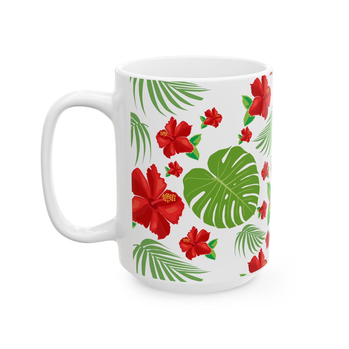 Tropical Hibiscus Mug — Floral Palm Leaf Coffee Cup (11oz/15oz)