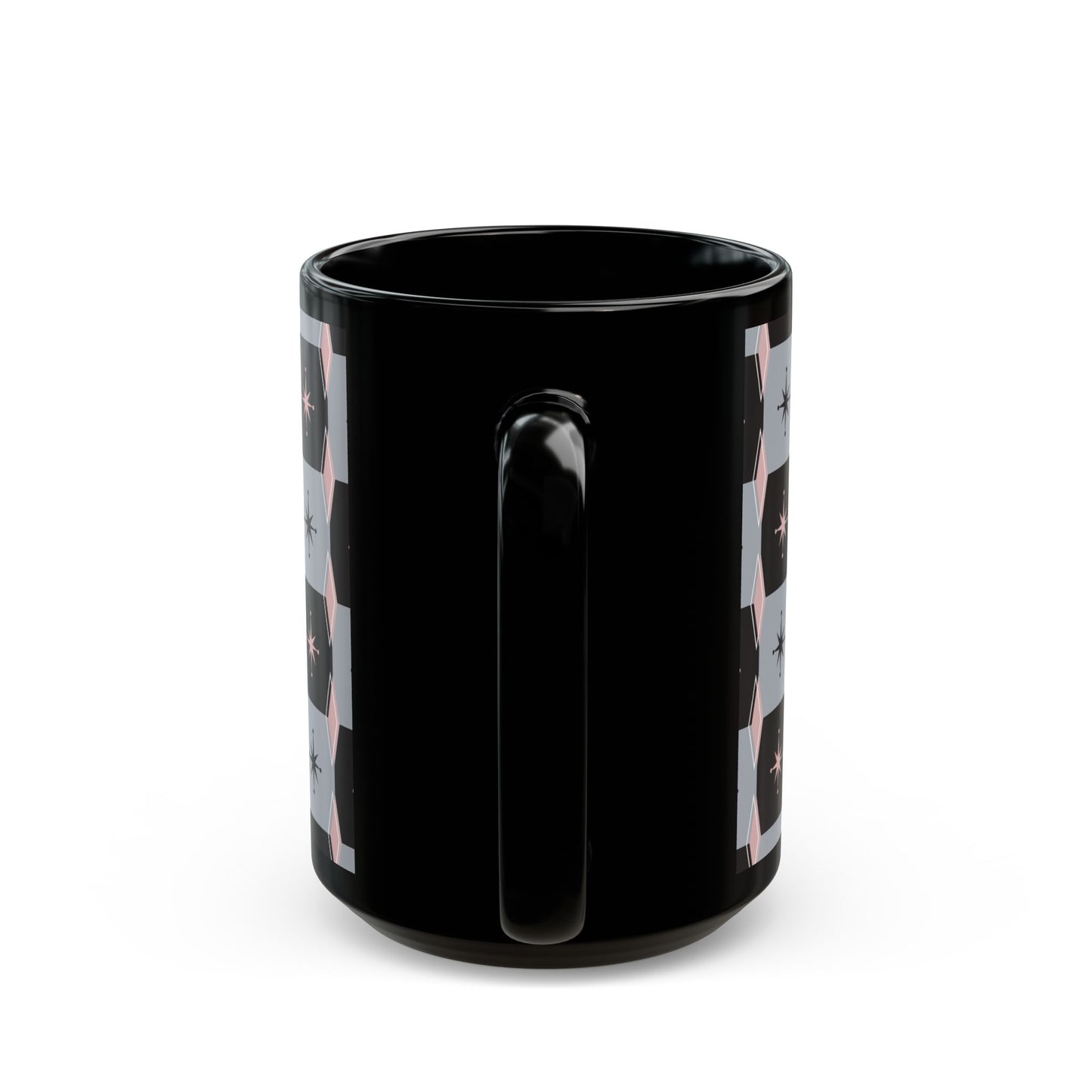 Retro Starburst Black Mug — Mid-Century Geometric Coffee Cup (11oz/15oz)