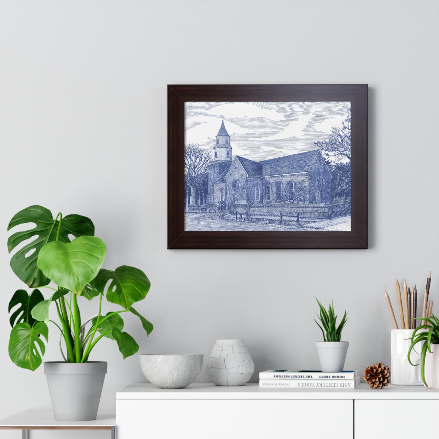 Colonial Williamsburg's Bruton Parish Church in Blue Framed Poster — Blue Architectural Print for Home & Office