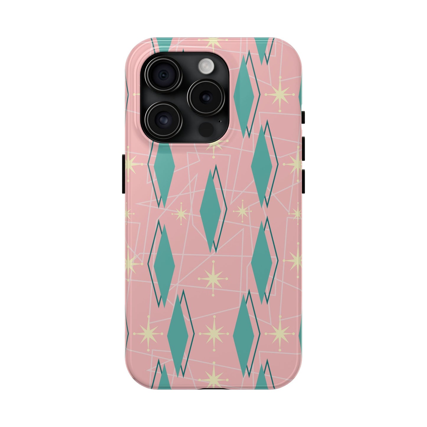 1950s Retro Star and Diamond Pattern in Pink and Green Tough iPhone Case