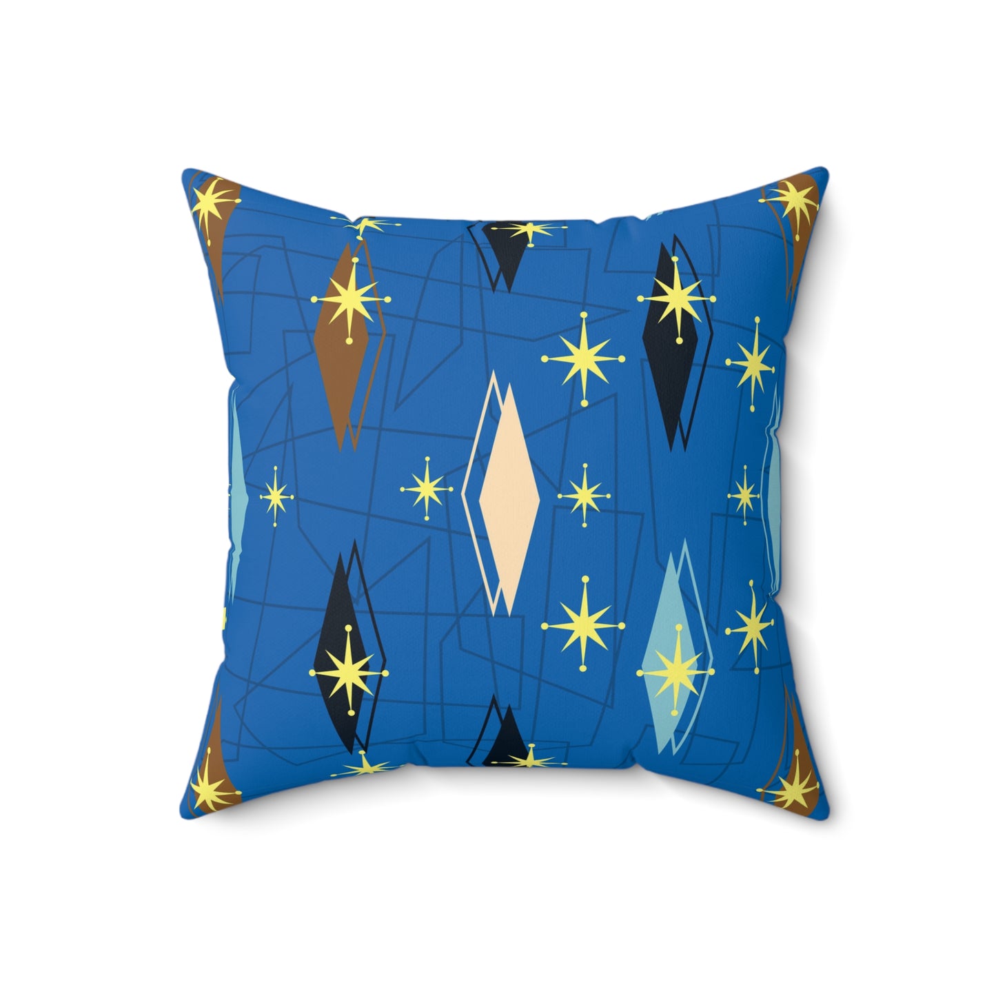Mid-Century Starburst Decorative Pillow — Retro Blue Geometric Accent