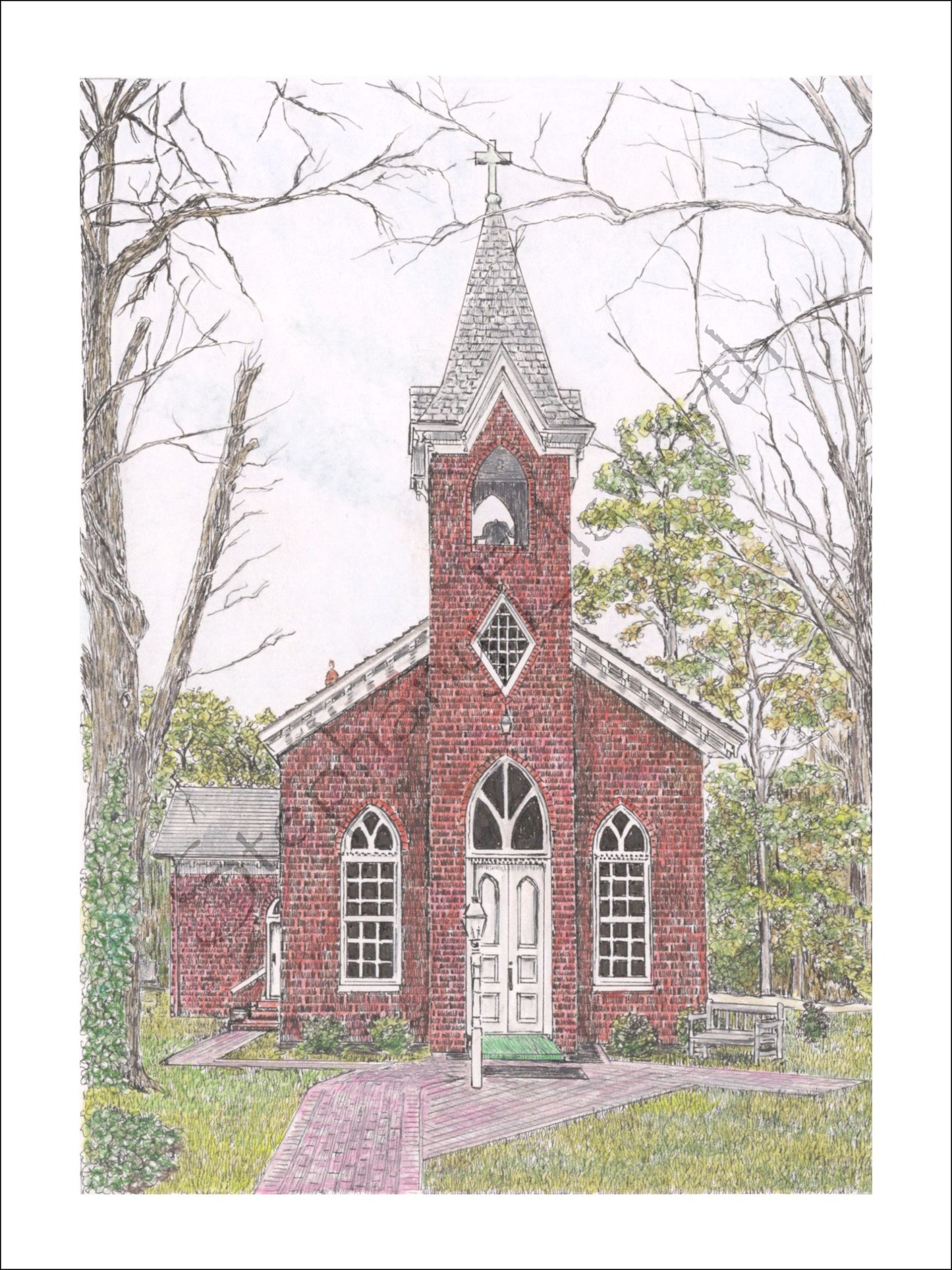 Christ Church at Kingston Parish 5 x 7 Original Pen and Ink/Colored Pencil Drawing