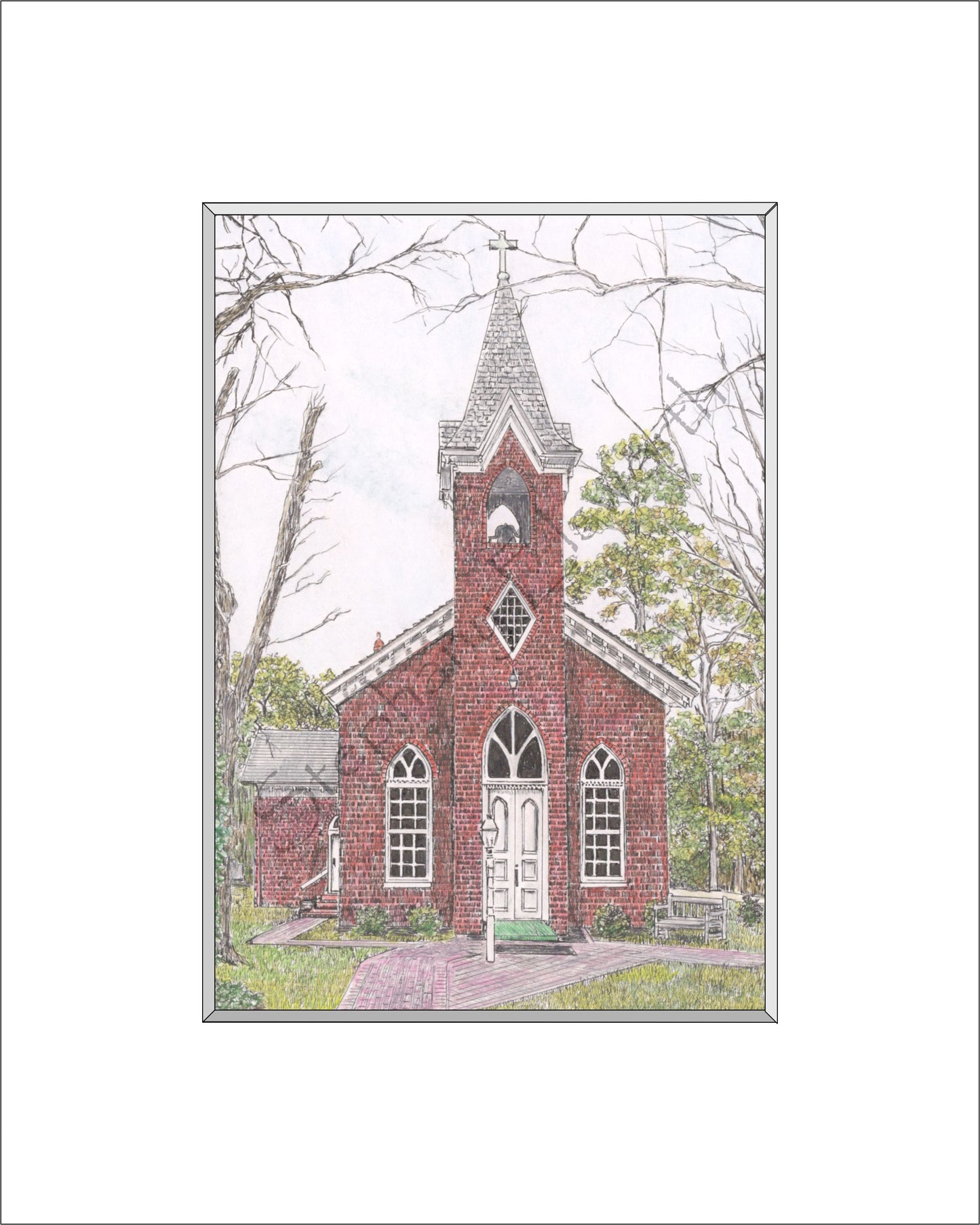 Christ Church at Kingston Parish 5 x 7 Original Pen and Ink/Colored Pencil Drawing