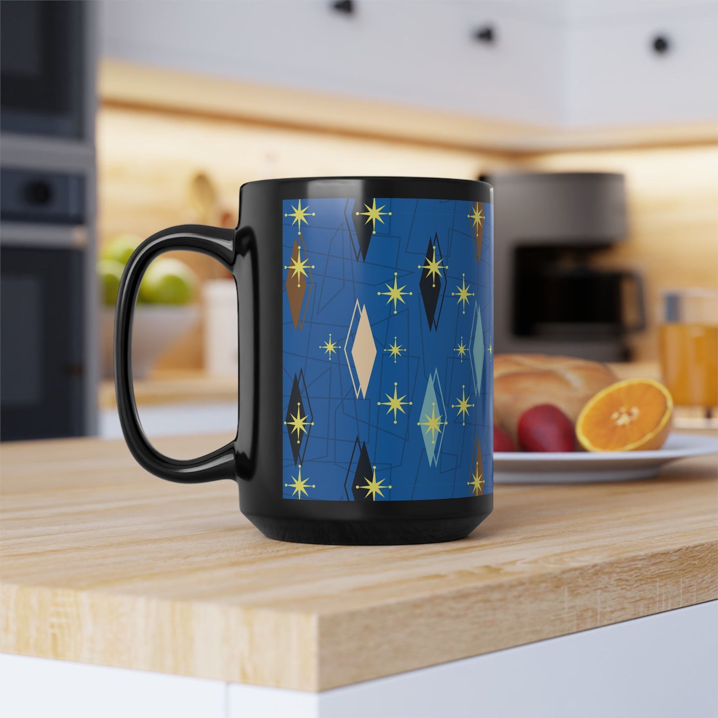 Retro Mid-Century Starburst Pattern Black Coffee Mug — Blue Geometric 11oz/15oz
