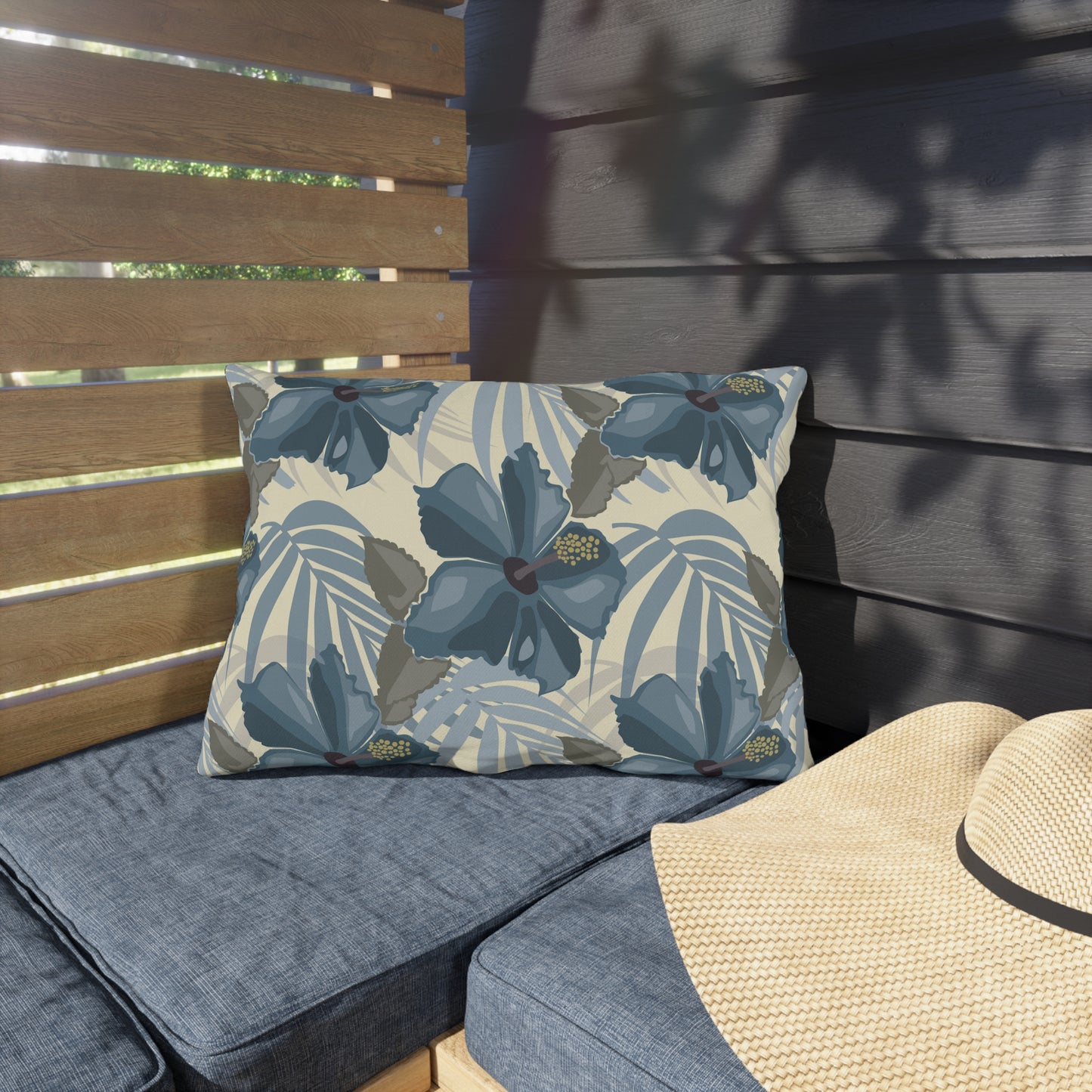 Blue Hibiscus in Earthtones Outdoor Pillows