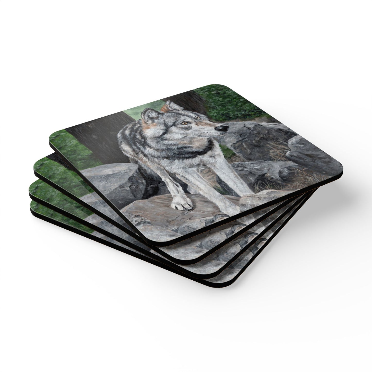 Wolf Cork Coaster Set — Rustic Wildlife Drink Coasters (4-Pack)