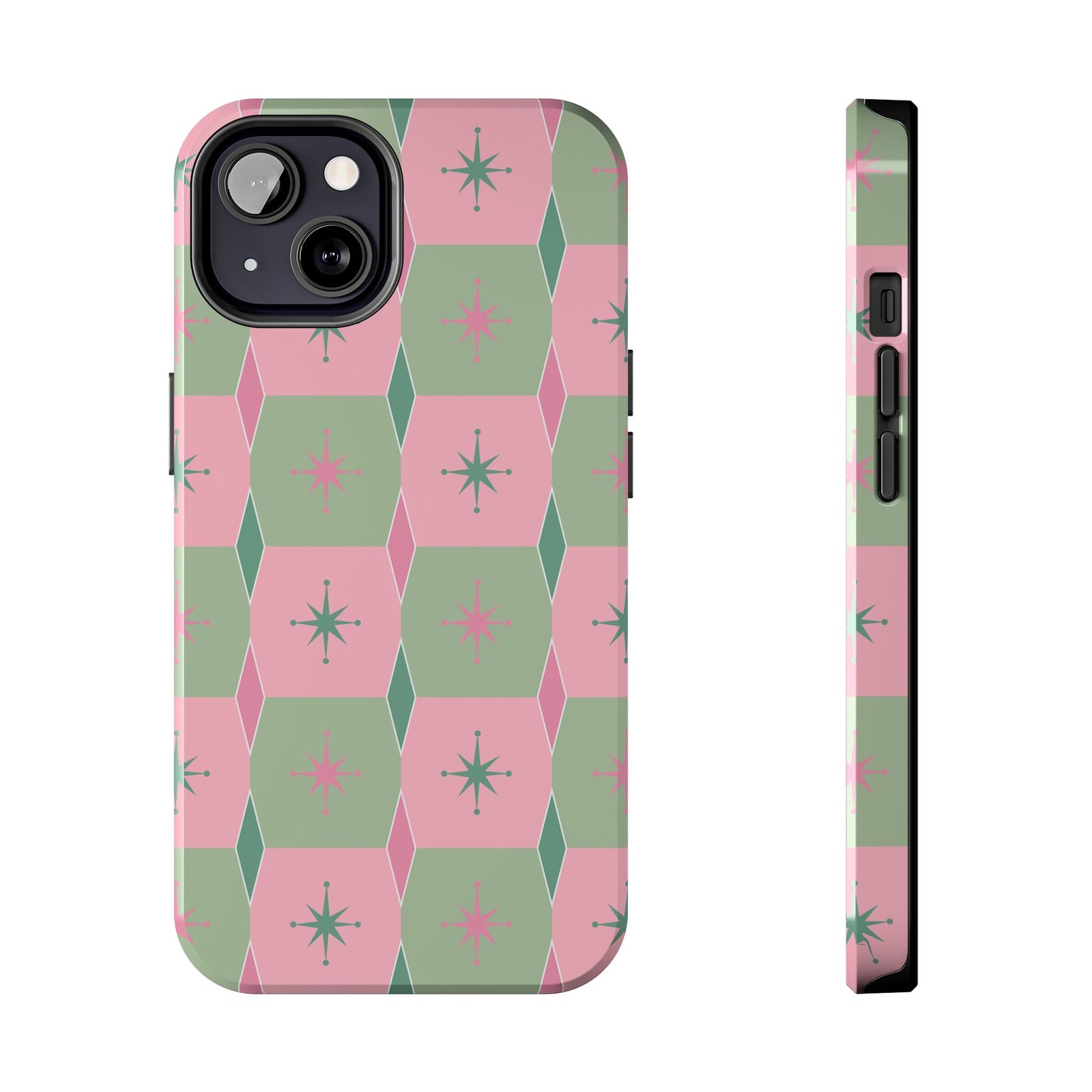 1950s Retro Square and Diamond Pattern in Pink and Green Tough iPhone Cases