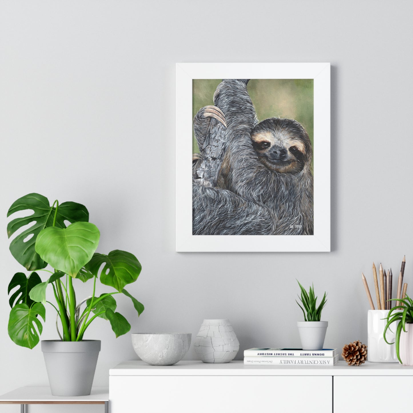 Framed Sloth Art Print — Cute Hanging Sloth Poster for Nursery & Living Room