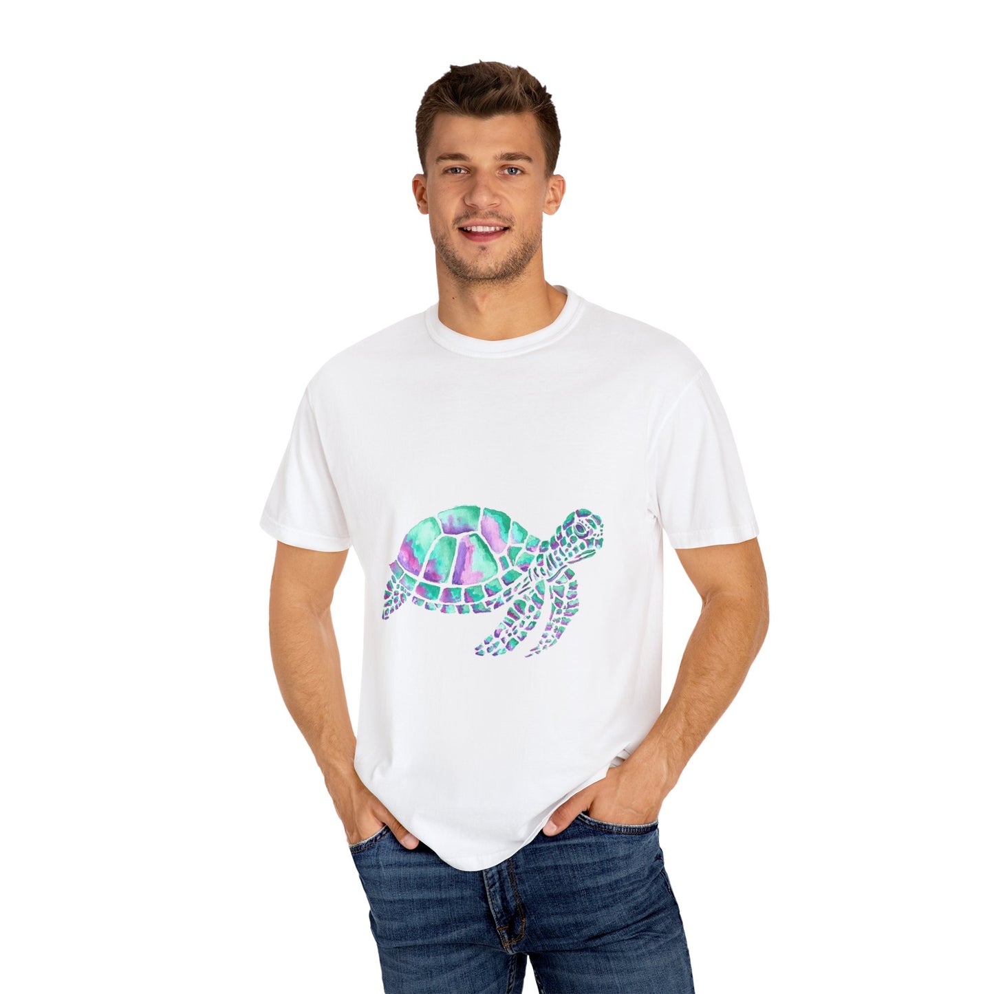 Sea Turtle in Teal and Purple Unisex Garment-Dyed T-shirt