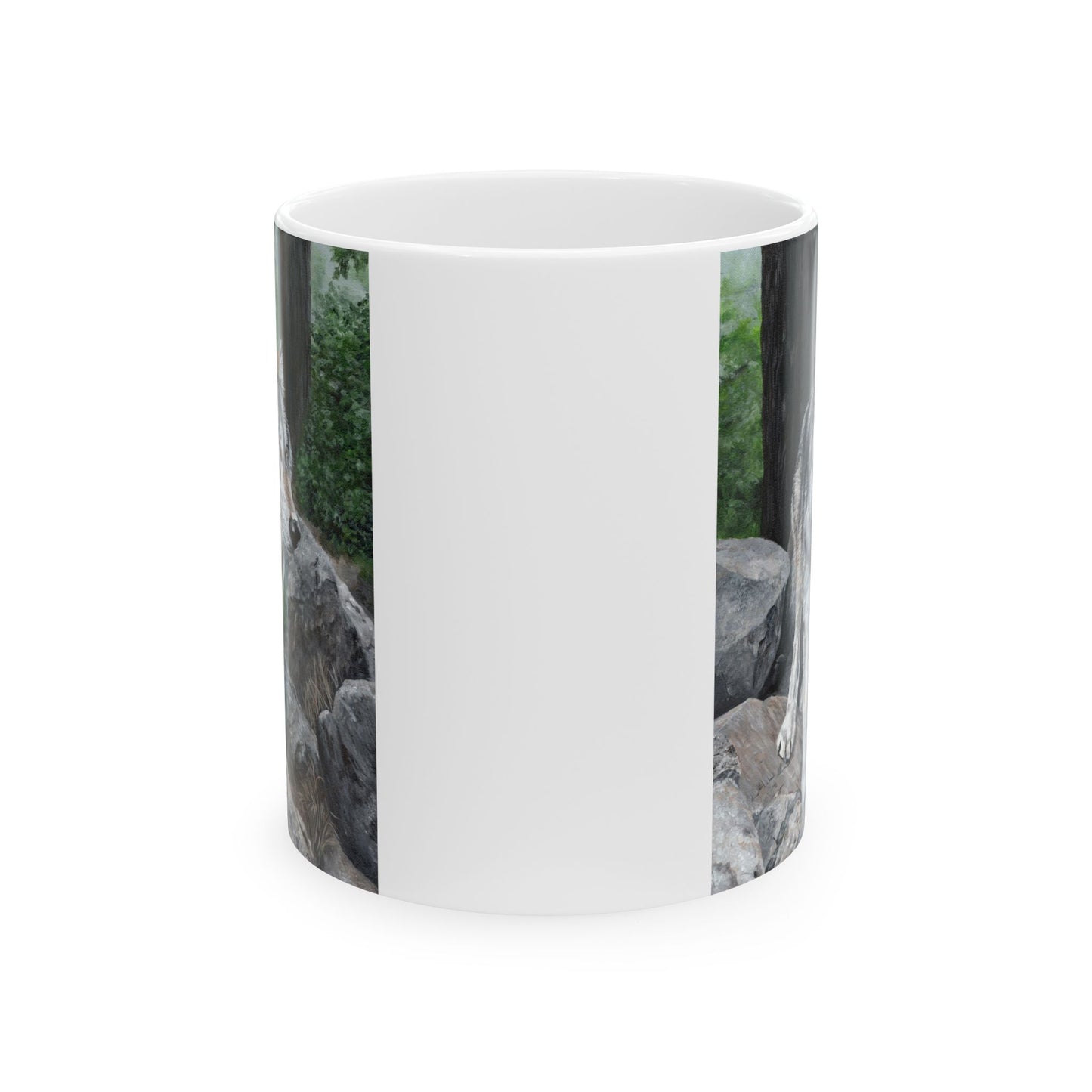 Wolf in the Woods Ceramic Mug — Rustic Nature Coffee Cup (11oz/15oz)