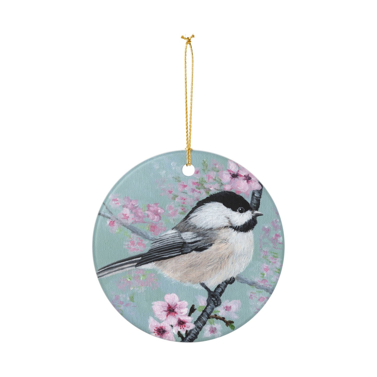 Chickadee Ceramic Ornament – Spring Blossom Bird Hanging Decoration