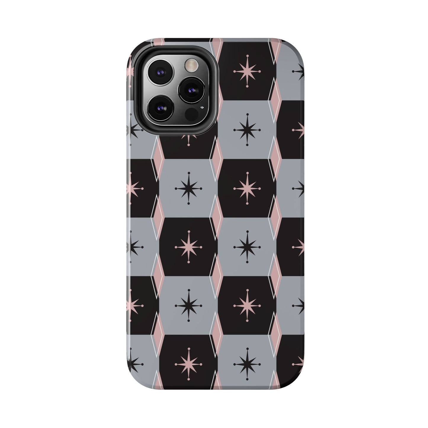 Diamond and Square Pattern in Pink, Black and Gray Tough iPhone Cases