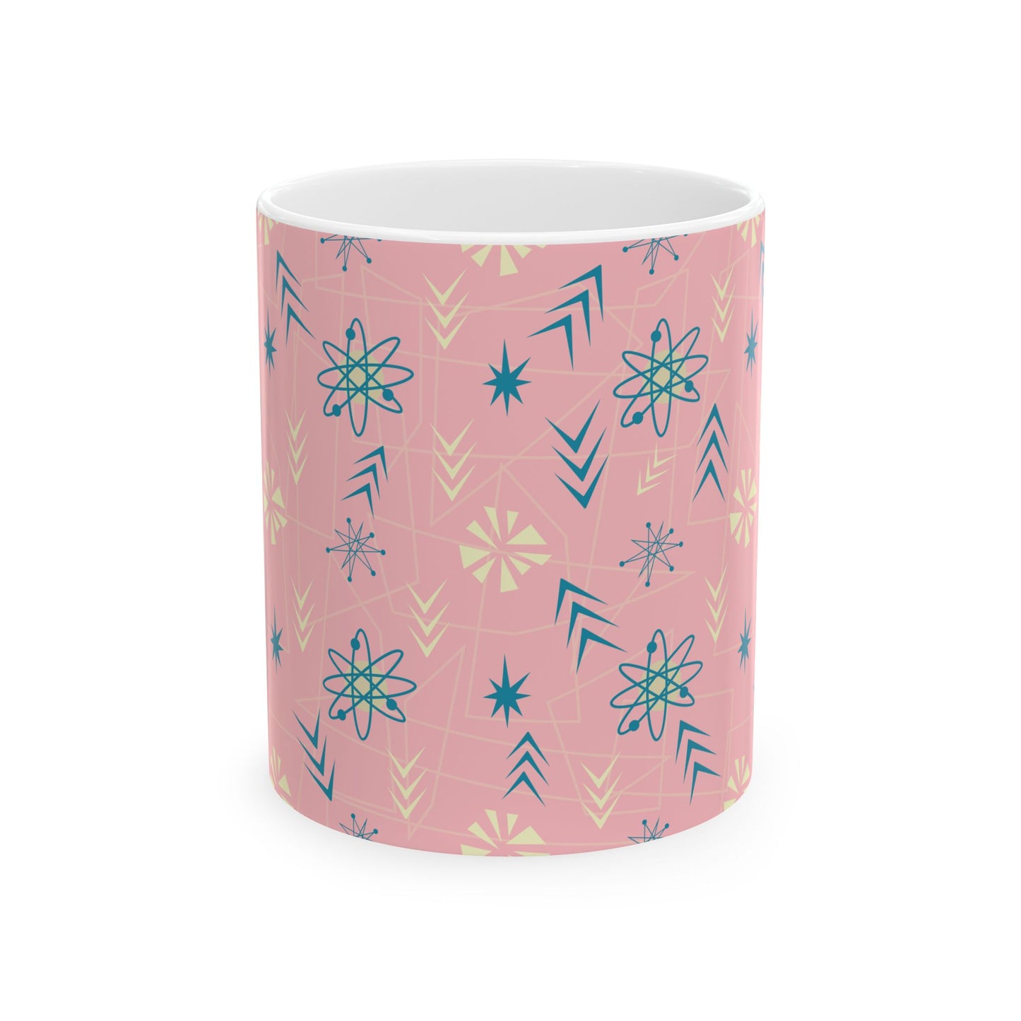 Pink Retro Starburst Ceramic Mug – Mid-Century Modern Coffee Cup (11oz/15oz)