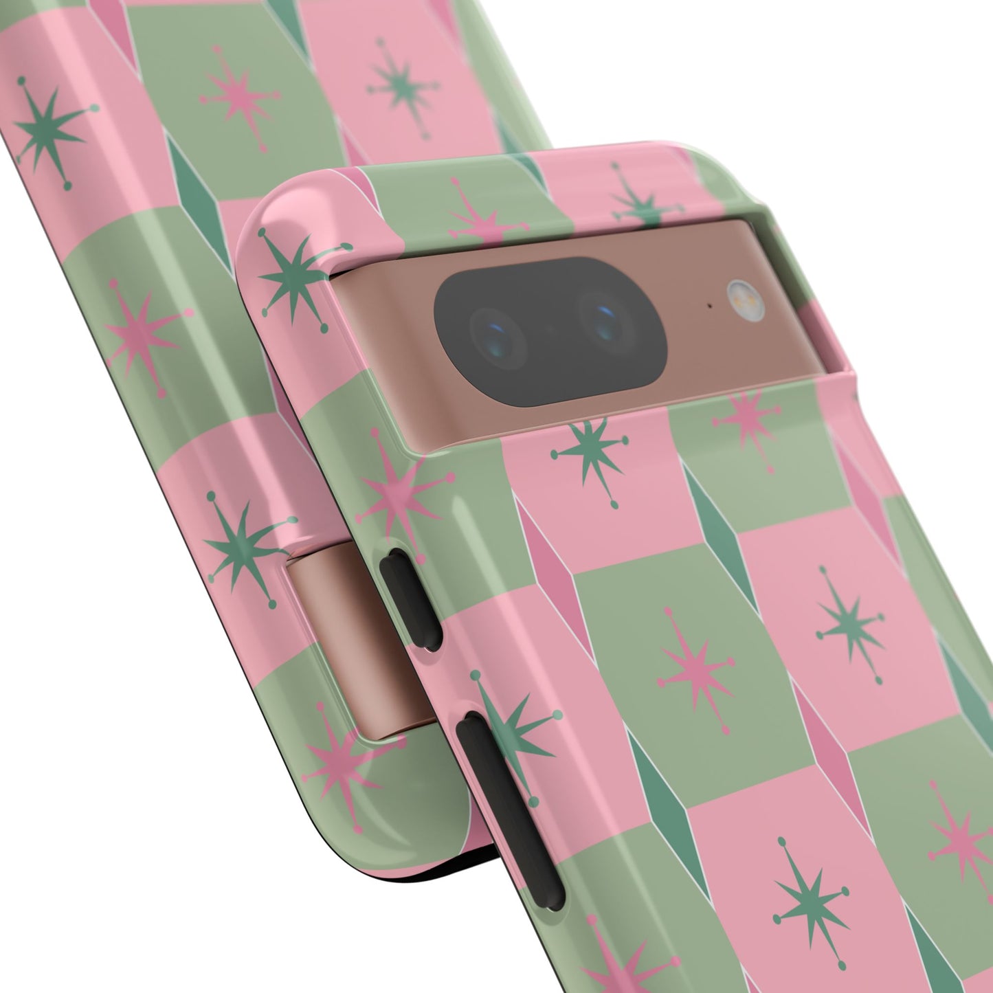 1950s Retro Square and Diamond Pattern in Pink and Green Tough Cases