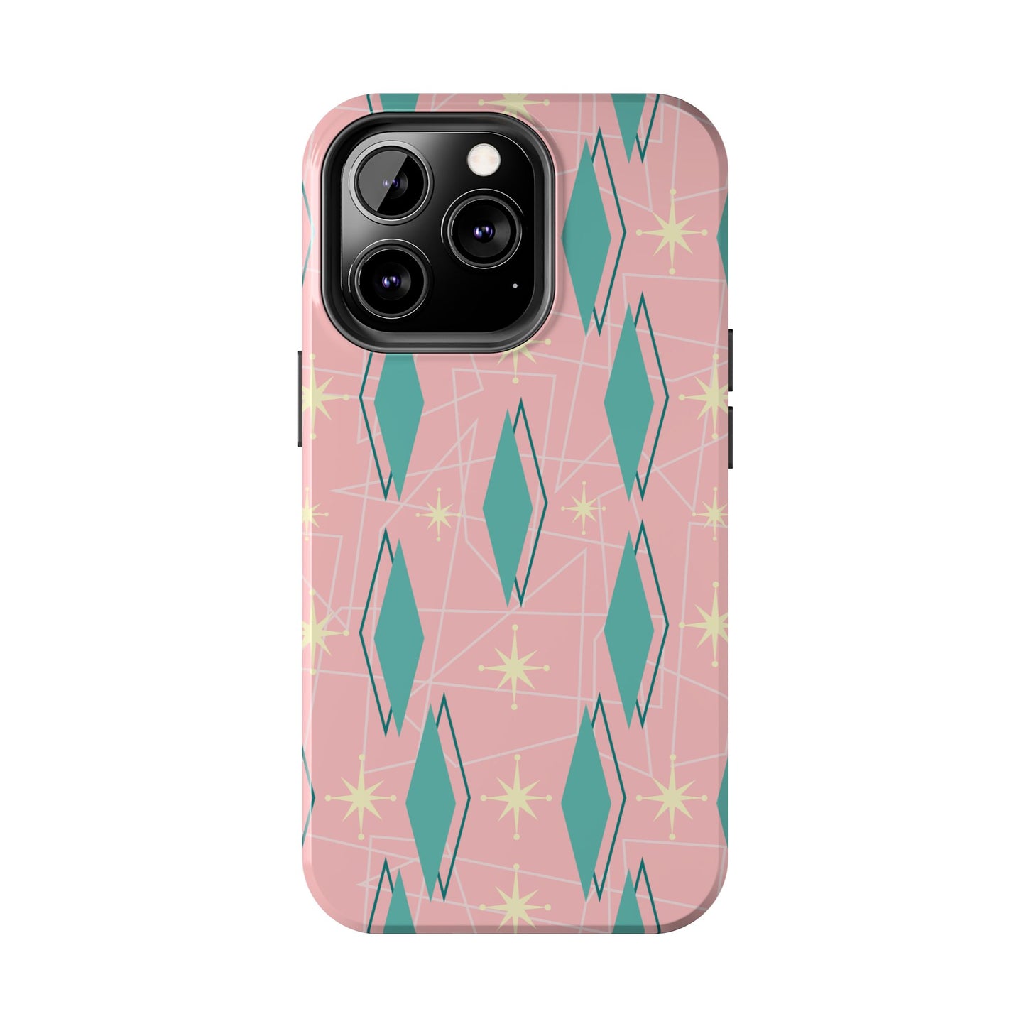 1950s Retro Star and Diamond Pattern in Pink and Green Tough iPhone Case