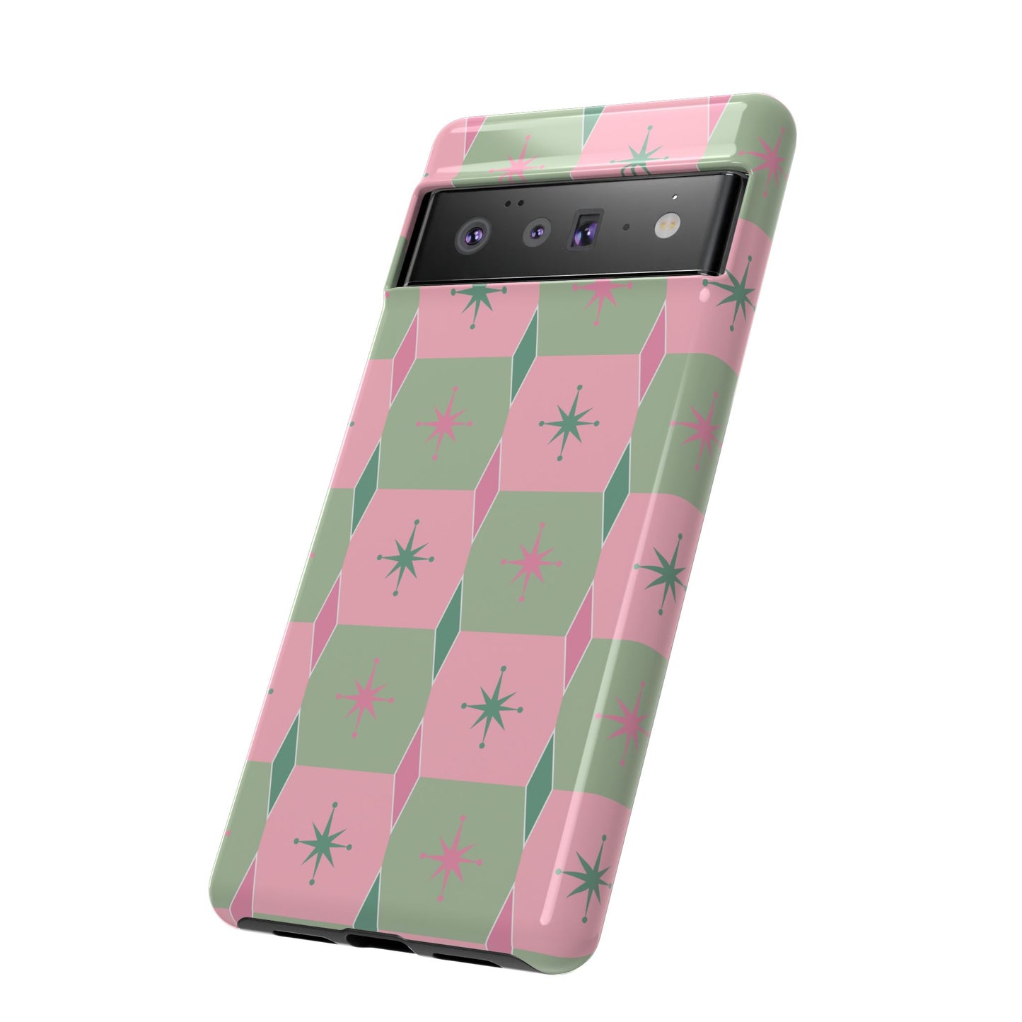 1950s Retro Square and Diamond Pattern in Pink and Green Tough Cases