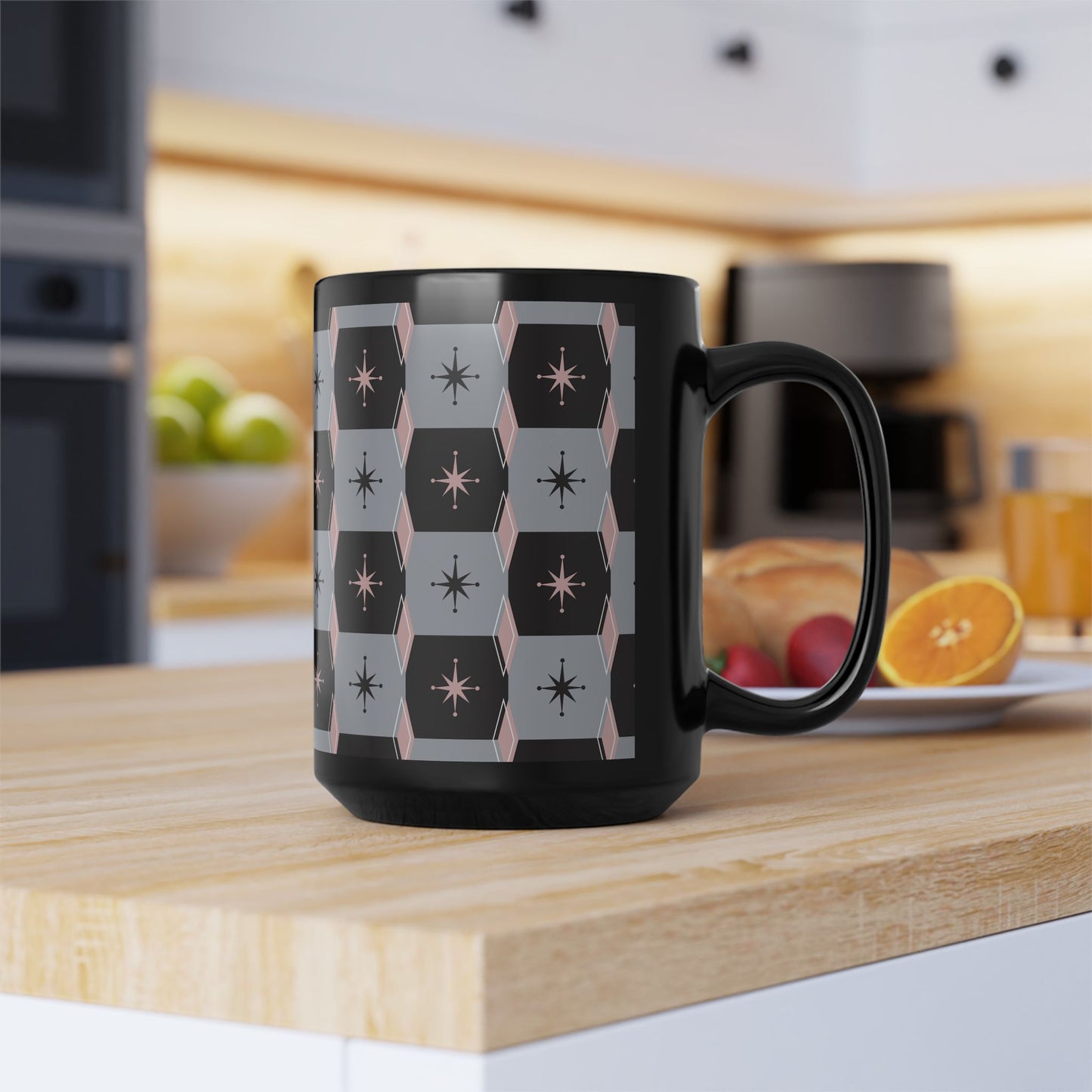 Retro Starburst Black Mug — Mid-Century Geometric Coffee Cup (11oz/15oz)