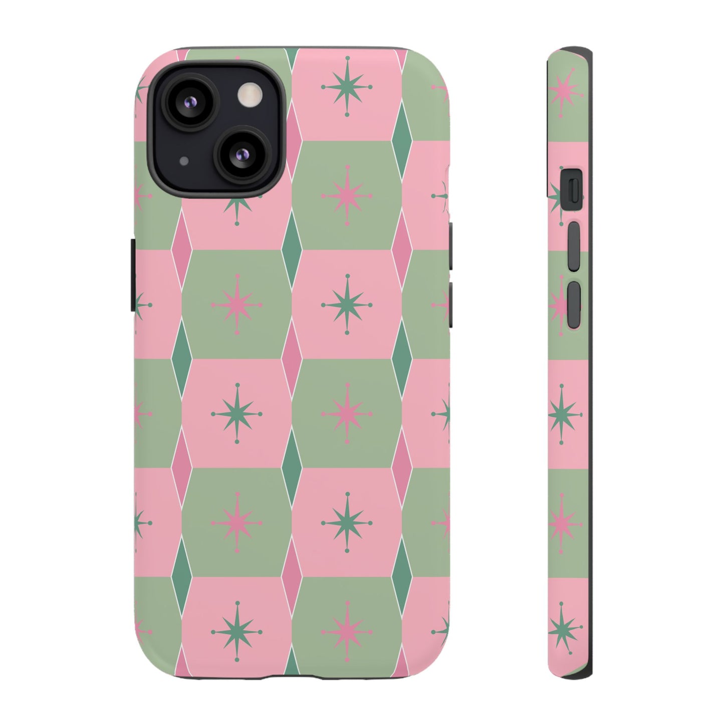 1950s Retro Square and Diamond Pattern in Pink and Green Tough Cases