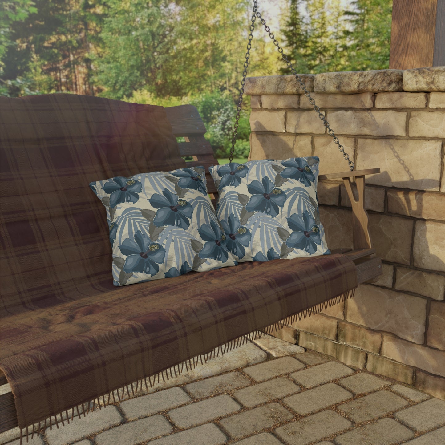 Blue Hibiscus in Earthtones Outdoor Pillows