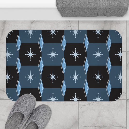 Mid-Century Starburst Bath Mat — Retro Geometric Blue Tile Design