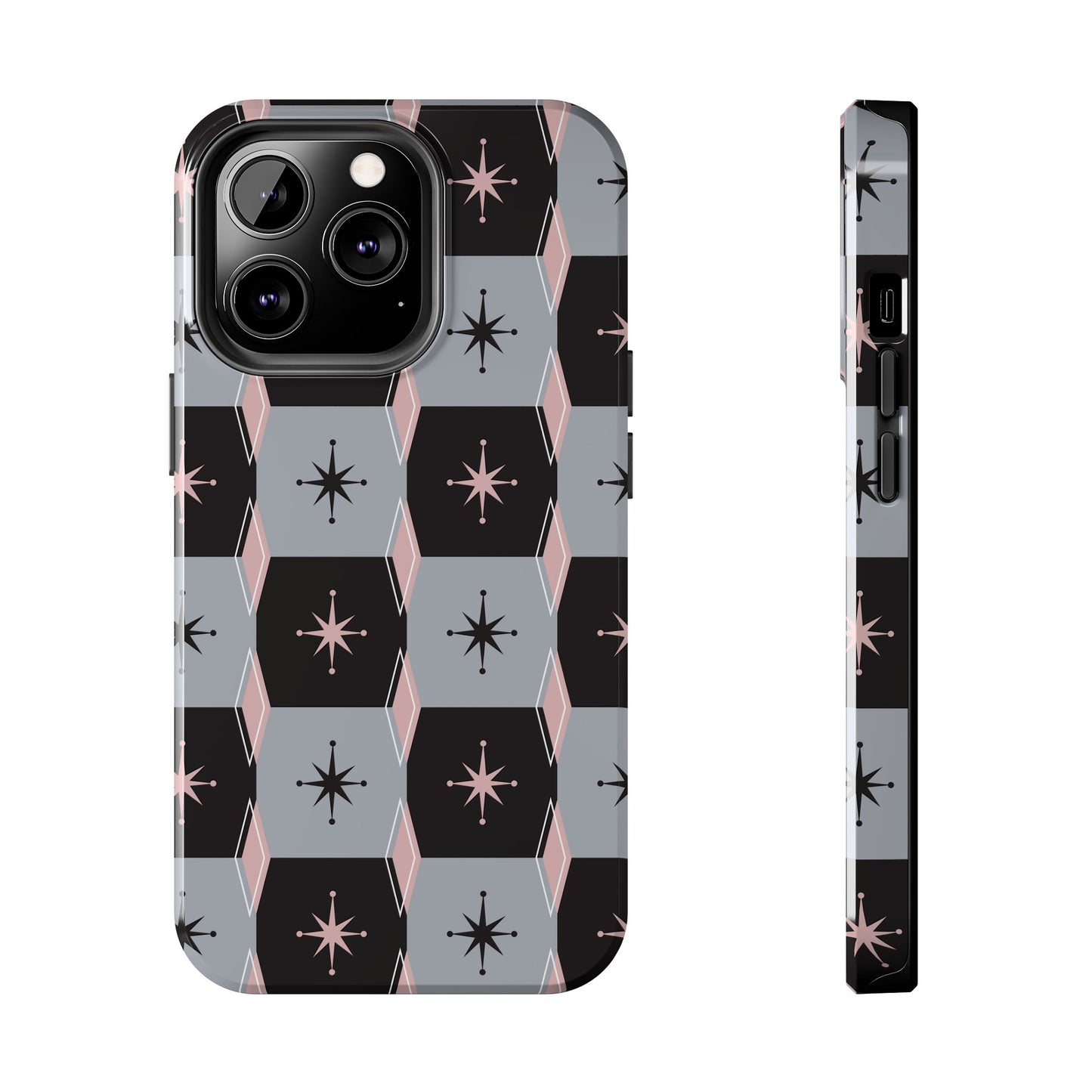 Diamond and Square Pattern in Pink, Black and Gray Tough iPhone Cases